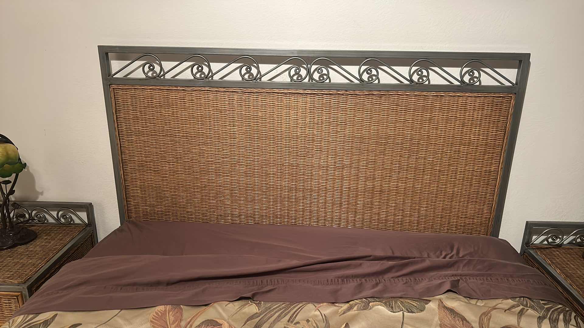 Photo 1 of METAL AND RATAN HEADBOARD 5’ x 52 1/2” AND TWO NIGHTSTANDS 23“ x 19“ x 23 1/2“