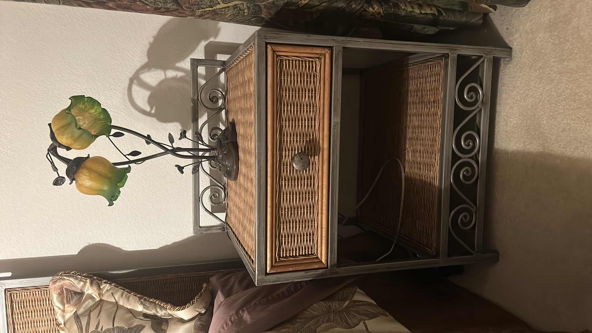 Photo 1 of METAL AND RATAN HEADBOARD 5’ x 52 1/2” AND TWO NIGHTSTANDS 23“ x 19“ x 23 1/2“