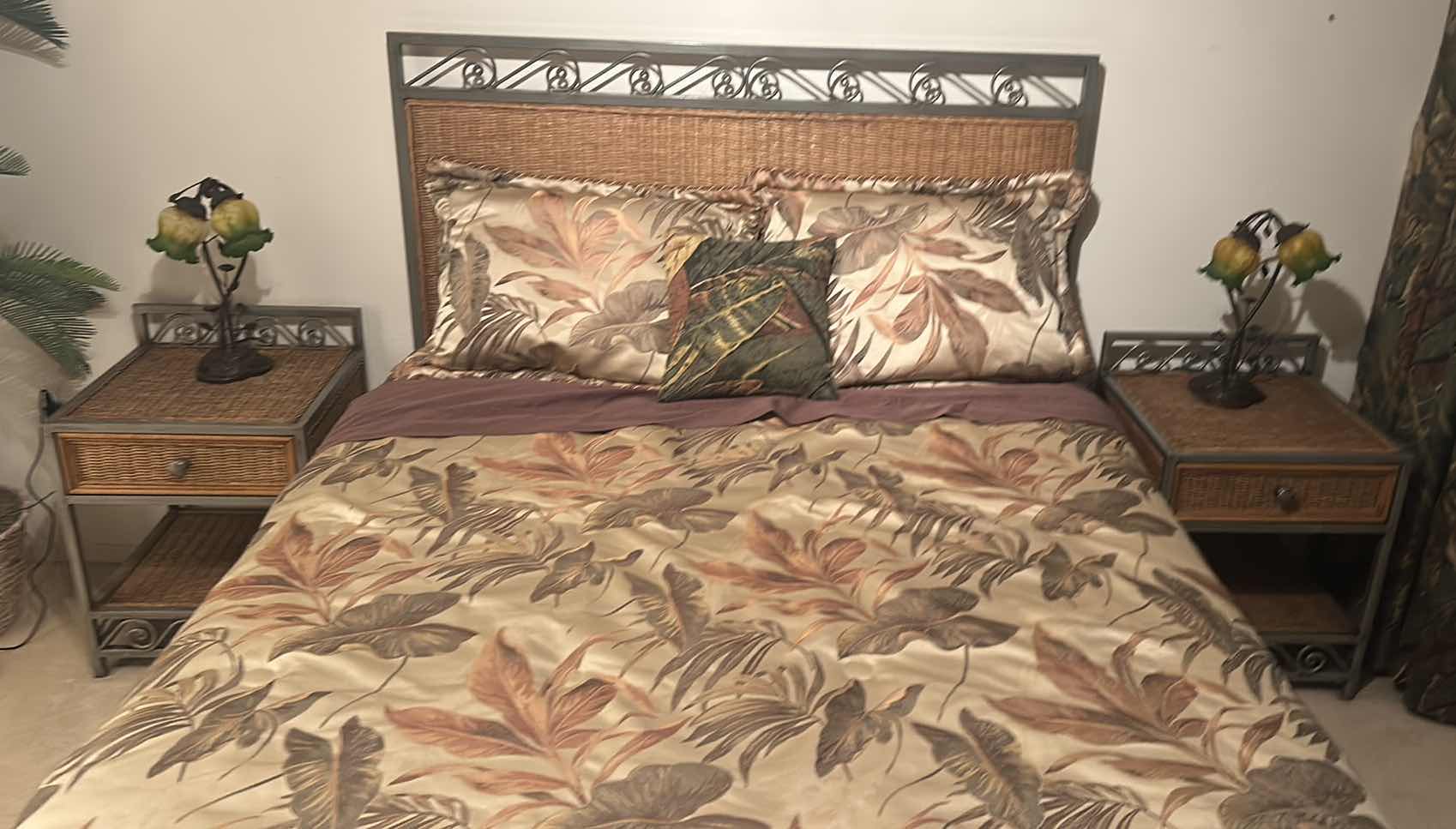 Photo 1 of METAL AND RATAN HEADBOARD 5’ x 52 1/2” AND TWO NIGHTSTANDS 23“ x 19“ x 23 1/2“