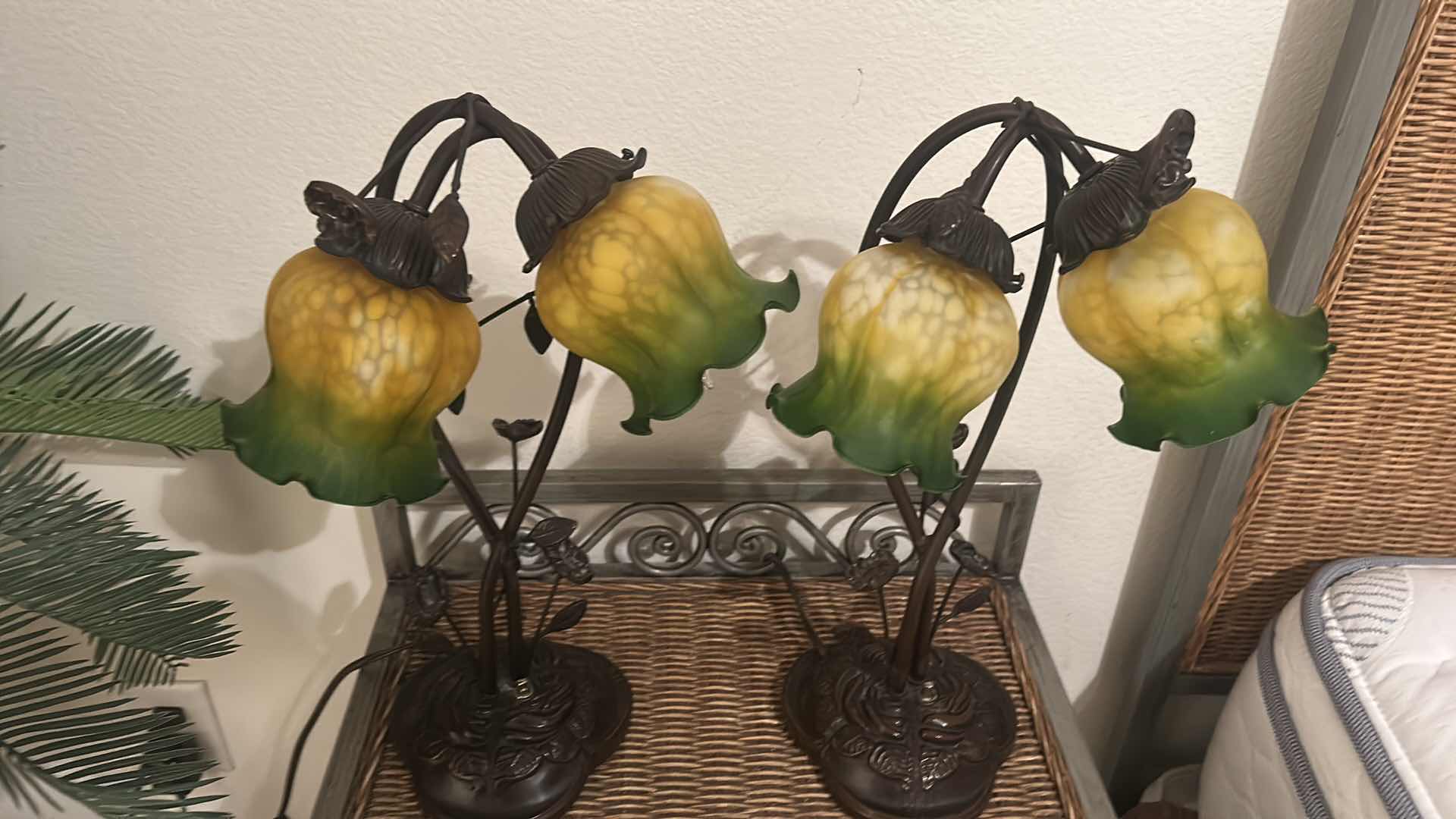 Photo 1 of 2 - COLORED GLASS FLOWER AND FAUX BRONZE TABLE LAMPS