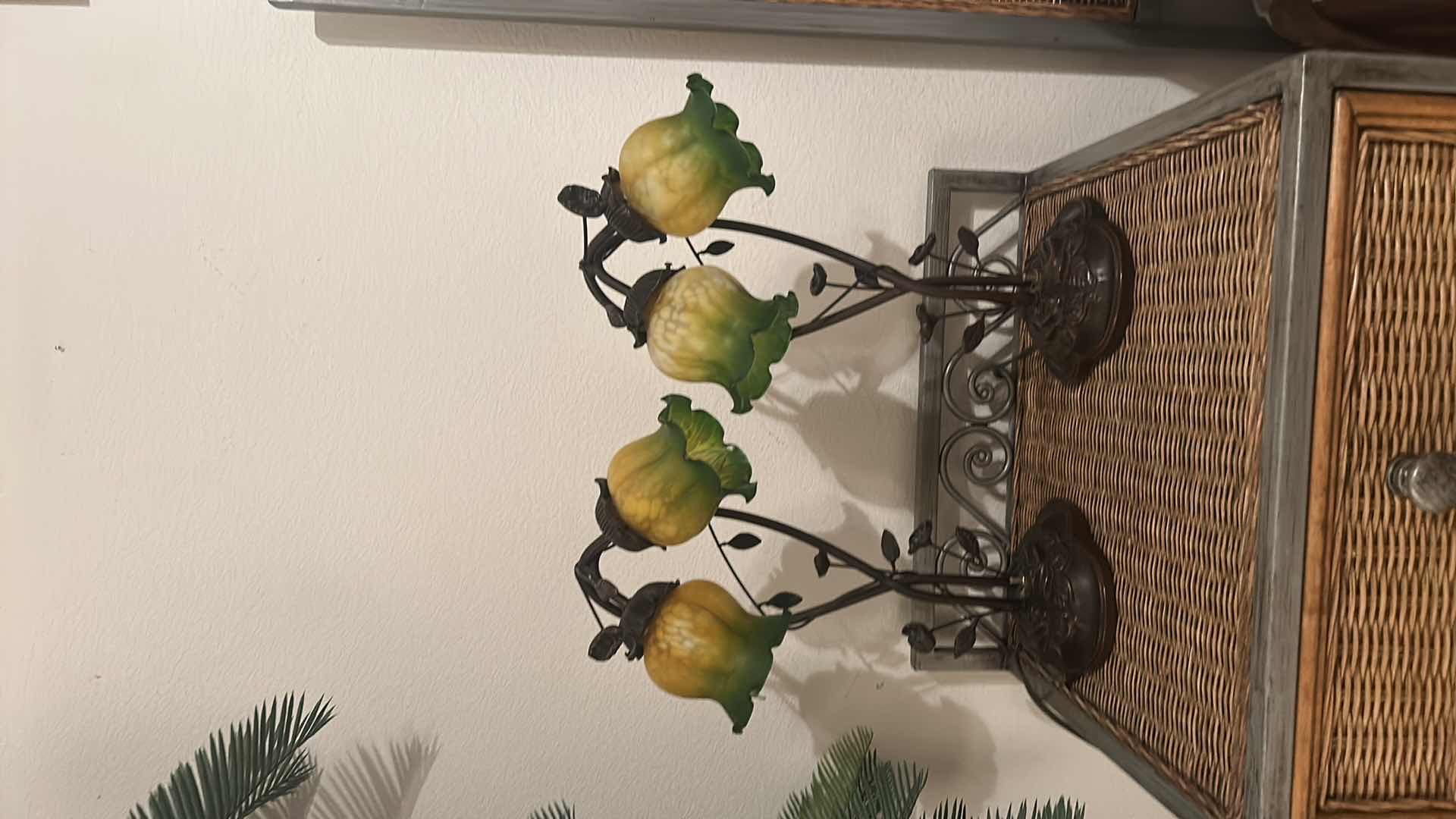 Photo 1 of 2 - COLORED GLASS FLOWER AND FAUX BRONZE TABLE LAMPS