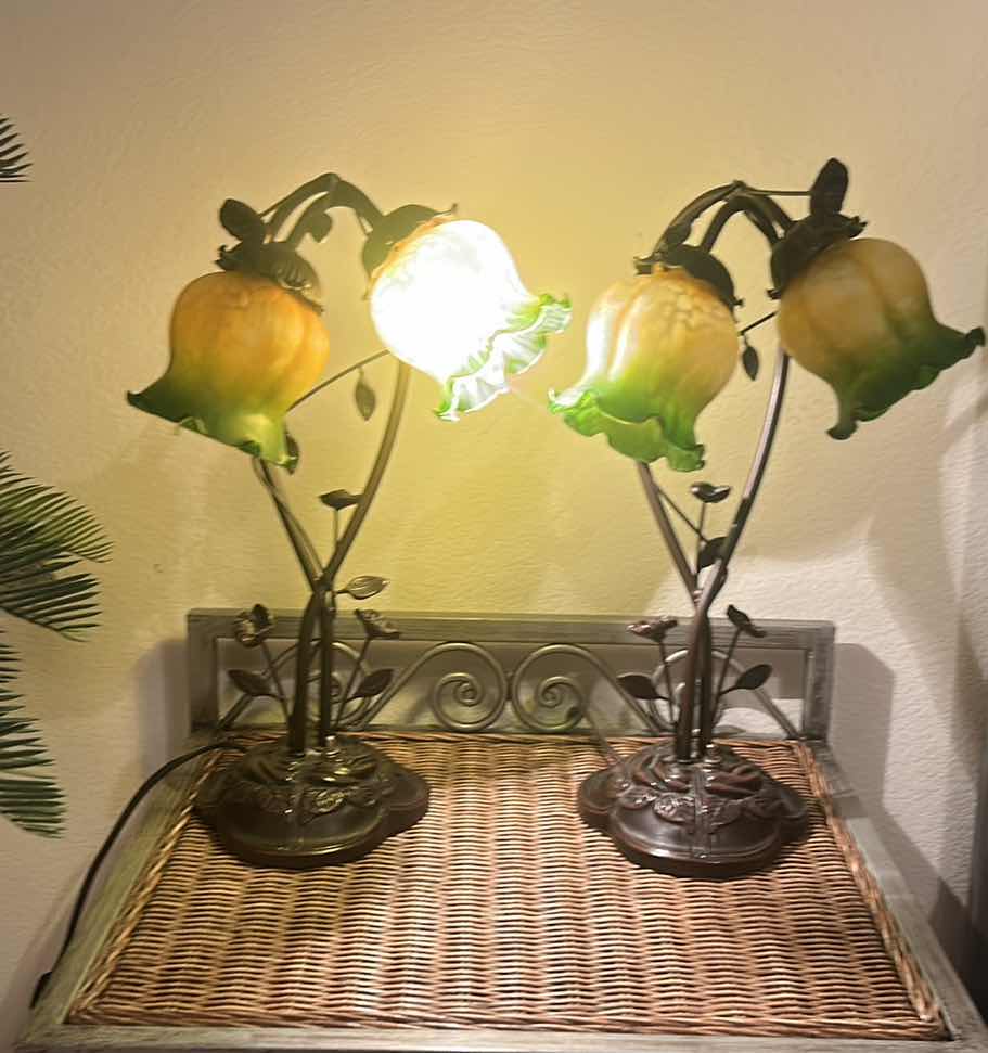 Photo 1 of 2 - COLORED GLASS FLOWER AND FAUX BRONZE TABLE LAMPS
