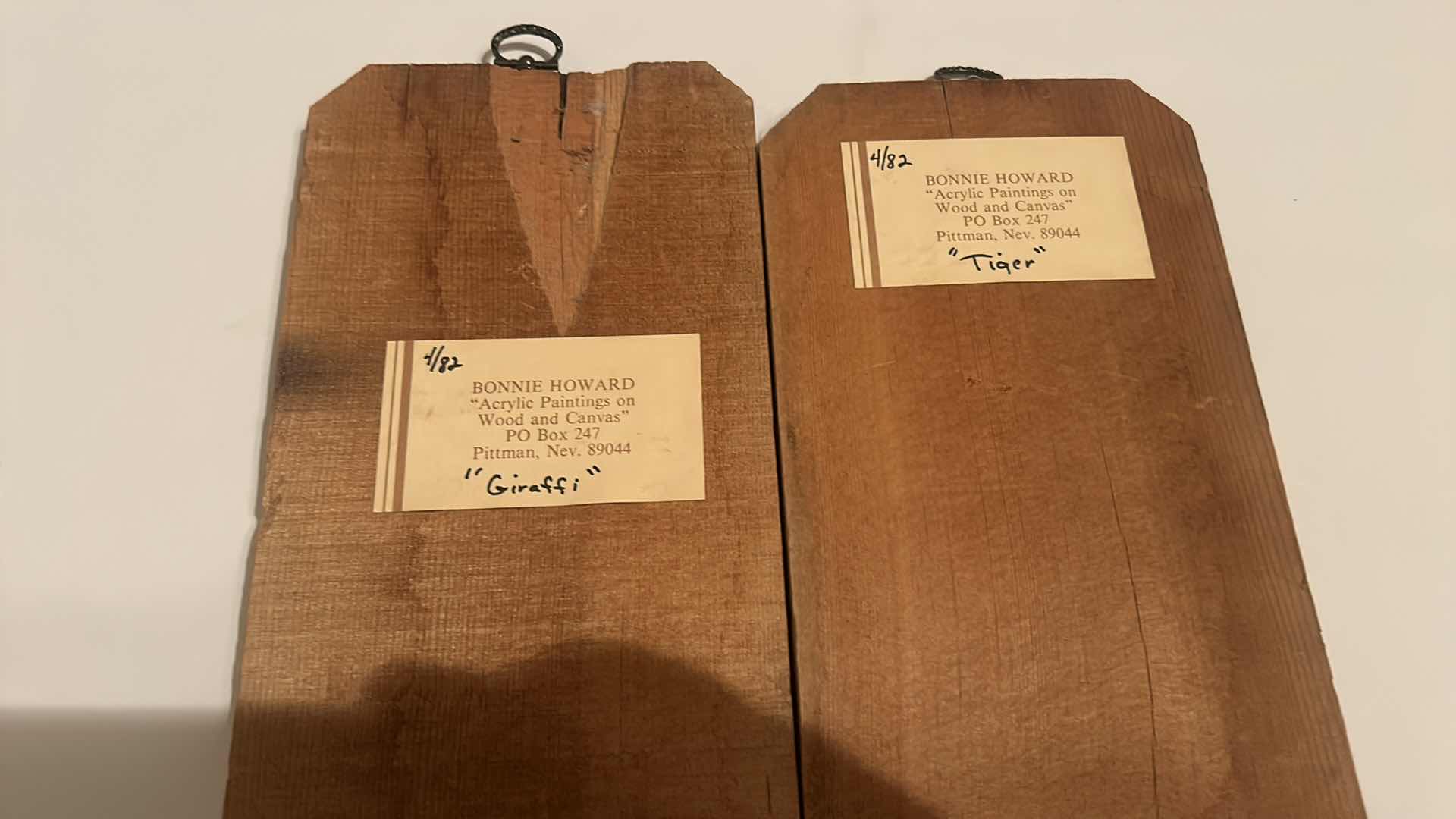 Photo 1 of ACRYLIC PAINTINGS ON WOOD BY BONNIE HOWARD, SIGNED AND NUMBERED ARTWORK GIRAFFE AND TIGER 5 1/2” x 13 1/2”