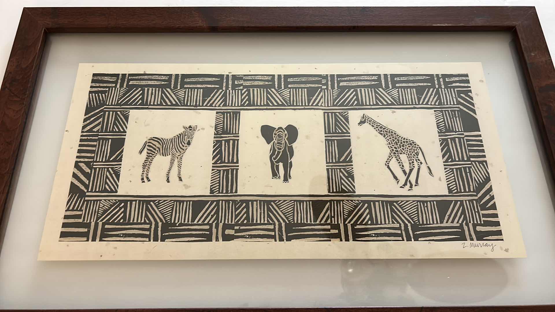 Photo 1 of WALL DECOR - BLACK AND WHITE AFRICAN ANIMALS GLASS, SIGNED BY ARTIST, WOOD FRAMED ARTWORK 25” x 15 1/4”