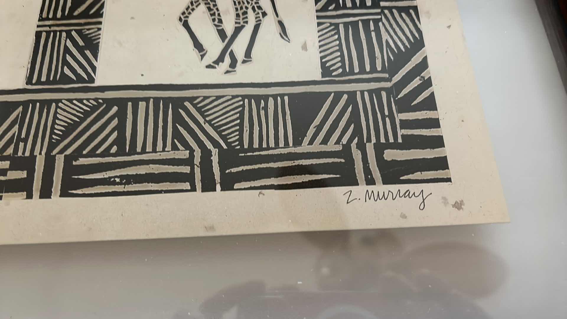 Photo 1 of WALL DECOR - BLACK AND WHITE AFRICAN ANIMALS GLASS, SIGNED BY ARTIST, WOOD FRAMED ARTWORK 25” x 15 1/4”