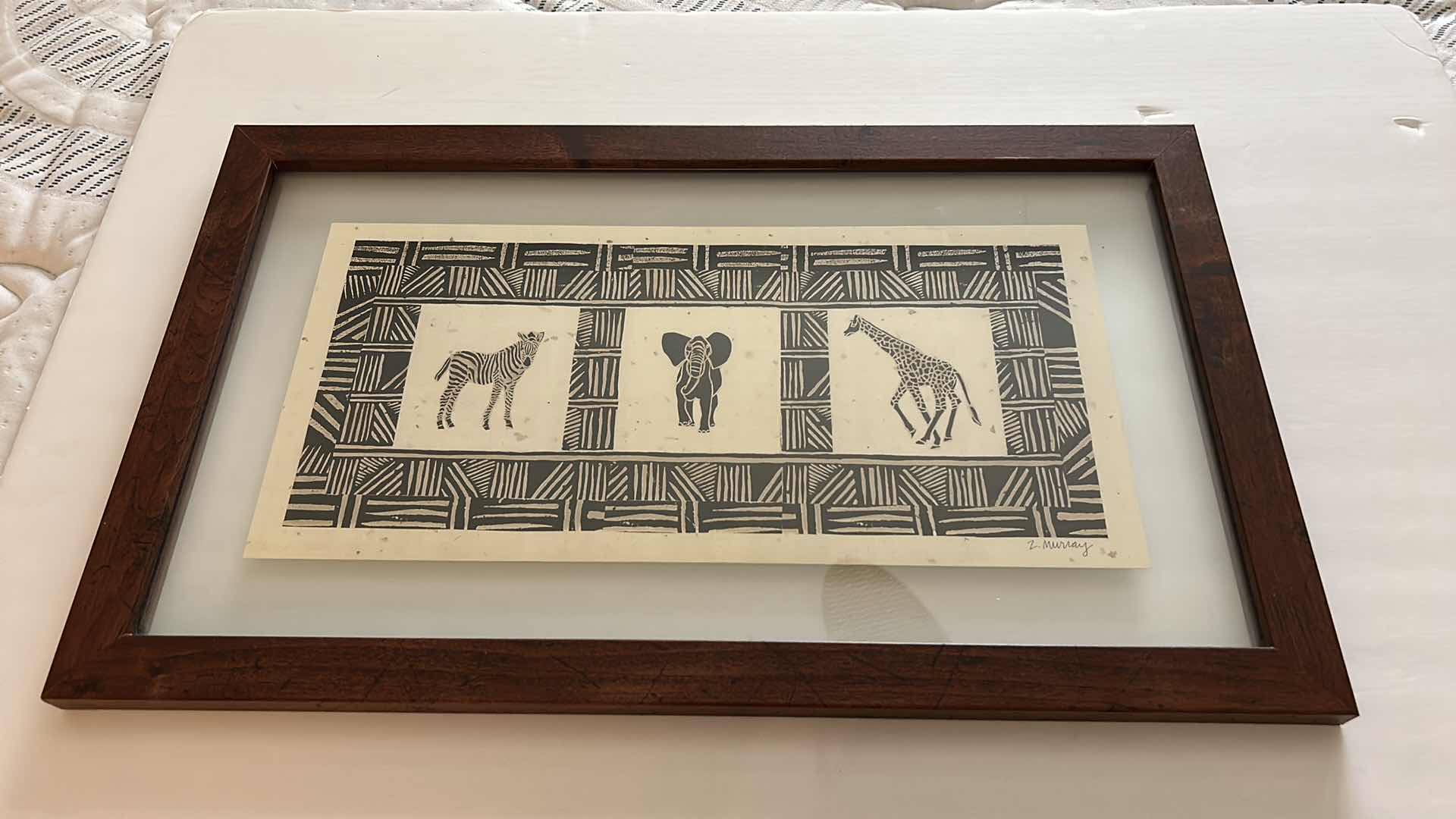 Photo 1 of WALL DECOR - BLACK AND WHITE AFRICAN ANIMALS GLASS, SIGNED BY ARTIST, WOOD FRAMED ARTWORK 25” x 15 1/4”
