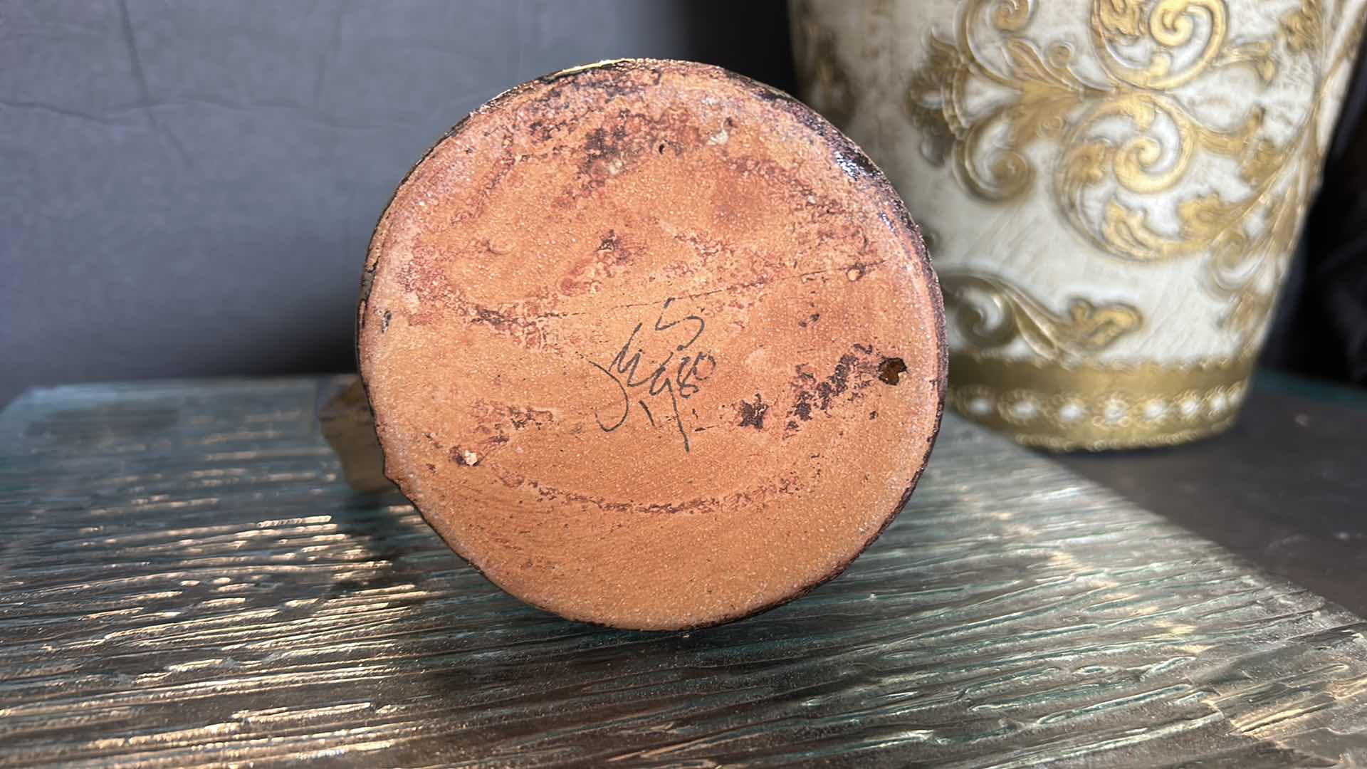 Photo 1 of BATHROOM ASSORTMENT- SCALE, LIGHTED MIRROR, GLAZED SIGNED POTTERY, AND MORE