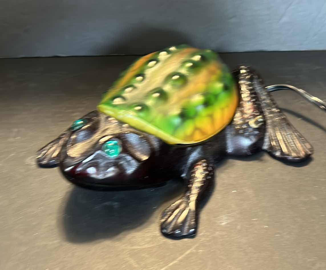 Photo 1 of HEAVY METAL COLORED GLASS FROG LAMP - NEEDS NEW BULBS