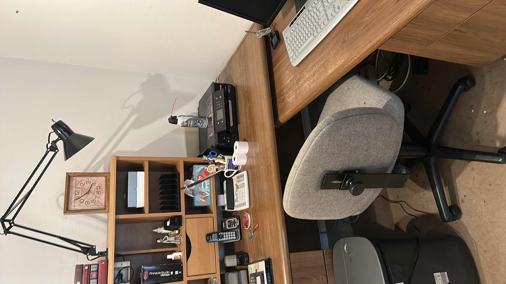 Photo 1 of CORNER DESK UNIT, OFFICE CHAIR, MONITOR, KEYBOARD, SHREDDER, BOOKS AND ACCESSORIES ( DESK 62” x 29 1/2” RETURN 41” x 21”