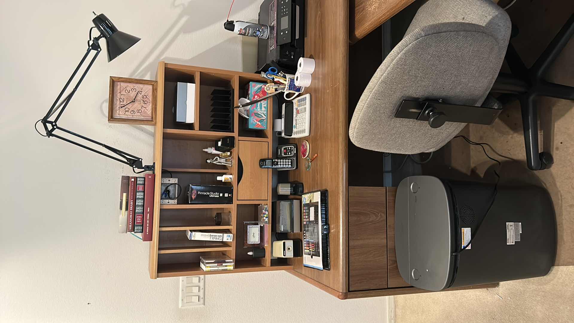 Photo 1 of CORNER DESK UNIT, OFFICE CHAIR, MONITOR, KEYBOARD, SHREDDER, BOOKS AND ACCESSORIES ( DESK 62” x 29 1/2” RETURN 41” x 21”