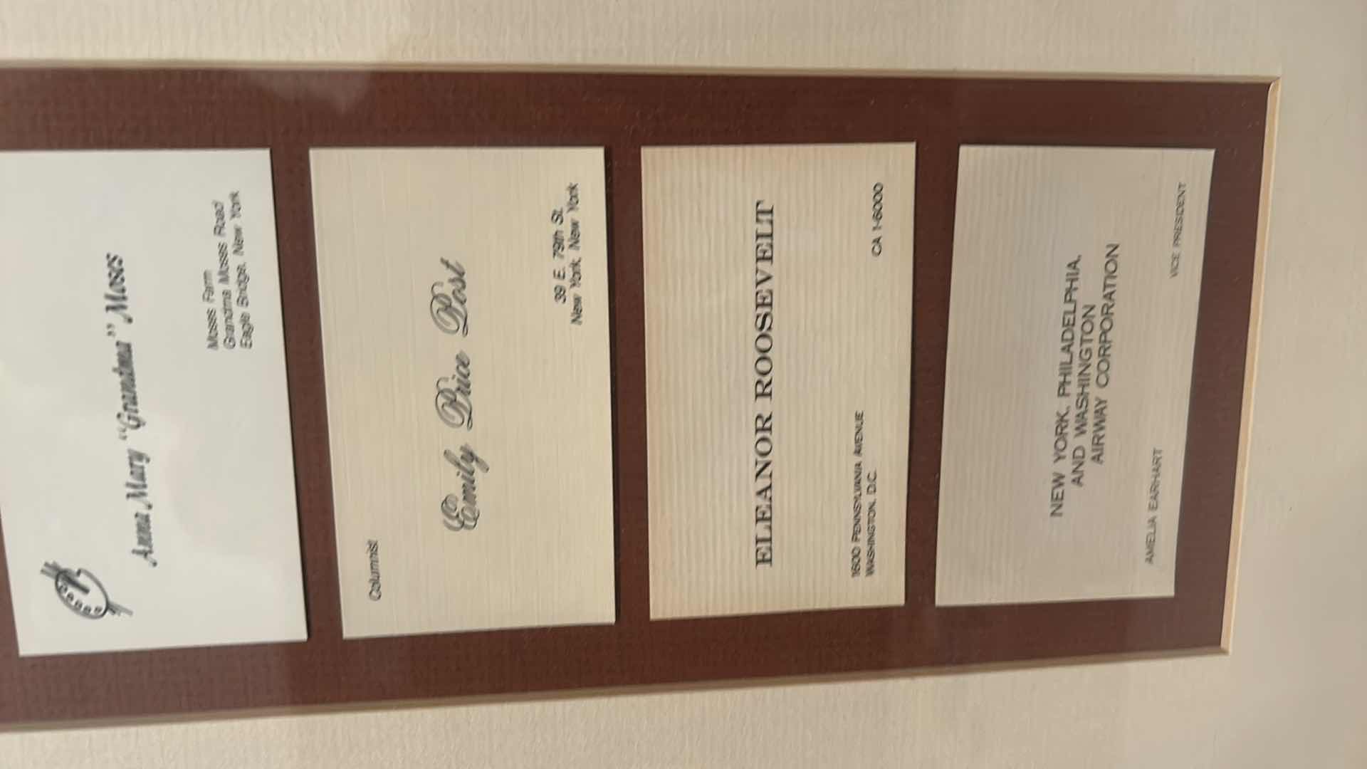 Photo 1 of COLLECTION OF VINTAGE RARE CALLING CARDS, INCLUDING MARGARET MEAD, ETHEL BARRYMORE, EMILY POST, ELEANOR ROOSEVELT, ALBERT EINSTEIN, JOHN D ROCKEFELLER AND MANY MORE, FRAMED ARTWORK eight and three-quarter inches by 30 inches