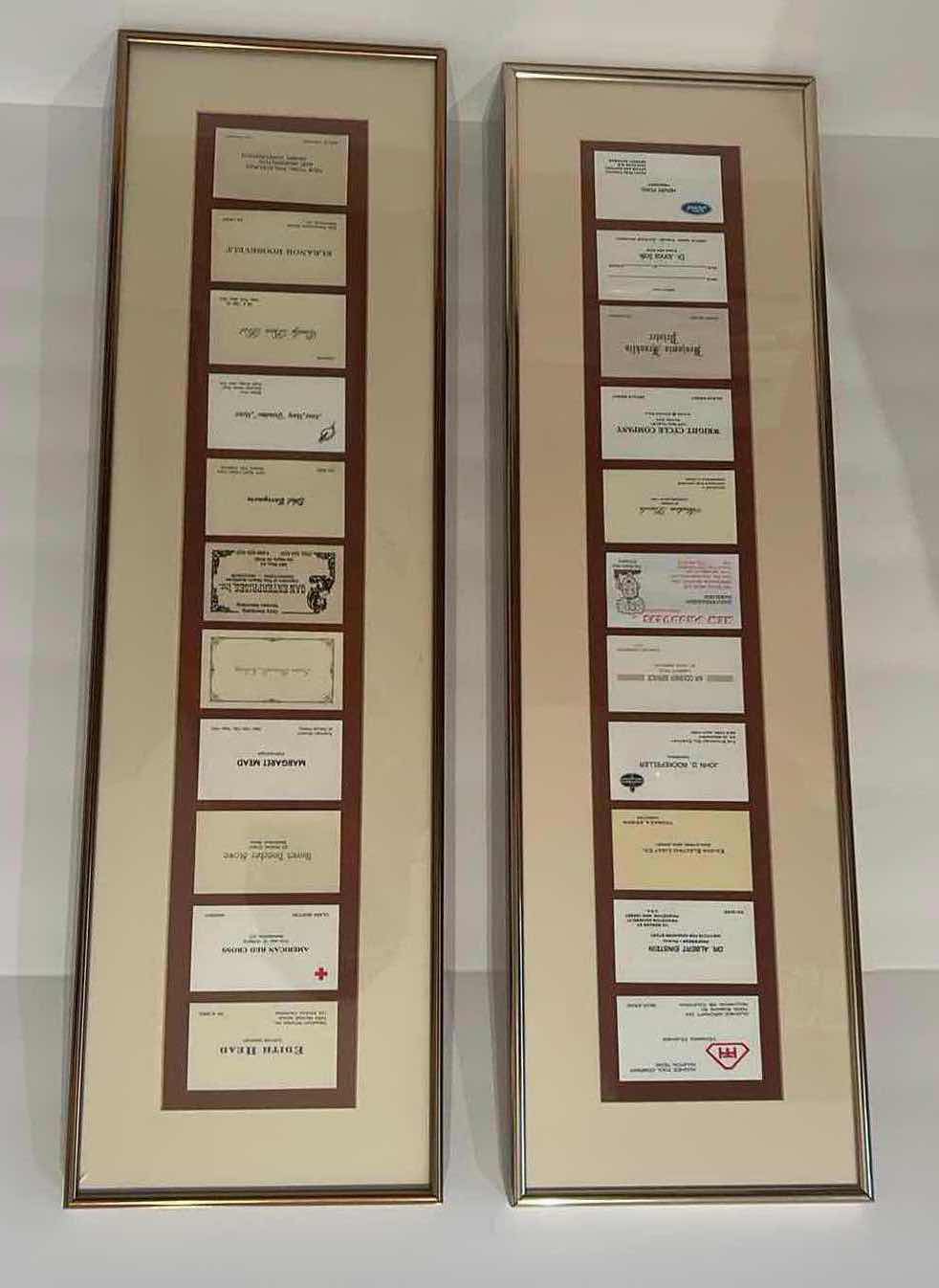 Photo 1 of COLLECTION OF VINTAGE RARE CALLING CARDS, INCLUDING MARGARET MEAD, ETHEL BARRYMORE, EMILY POST, ELEANOR ROOSEVELT, ALBERT EINSTEIN, JOHN D ROCKEFELLER AND MANY MORE, FRAMED ARTWORK eight and three-quarter inches by 30 inches