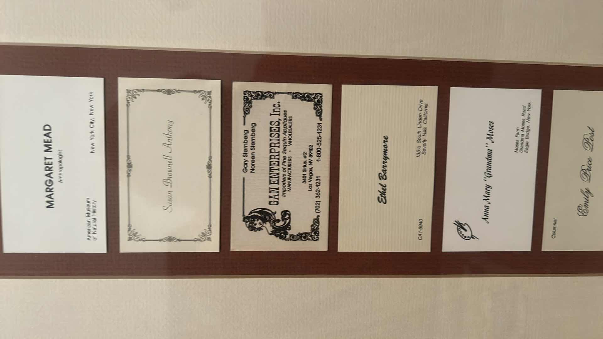 Photo 1 of COLLECTION OF VINTAGE RARE CALLING CARDS, INCLUDING MARGARET MEAD, ETHEL BARRYMORE, EMILY POST, ELEANOR ROOSEVELT, ALBERT EINSTEIN, JOHN D ROCKEFELLER AND MANY MORE, FRAMED ARTWORK eight and three-quarter inches by 30 inches