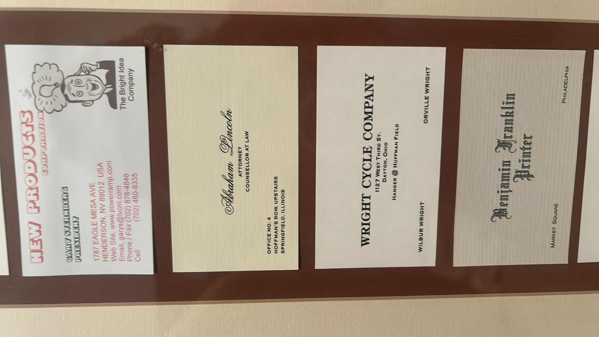 Photo 1 of COLLECTION OF VINTAGE RARE CALLING CARDS, INCLUDING MARGARET MEAD, ETHEL BARRYMORE, EMILY POST, ELEANOR ROOSEVELT, ALBERT EINSTEIN, JOHN D ROCKEFELLER AND MANY MORE, FRAMED ARTWORK eight and three-quarter inches by 30 inches