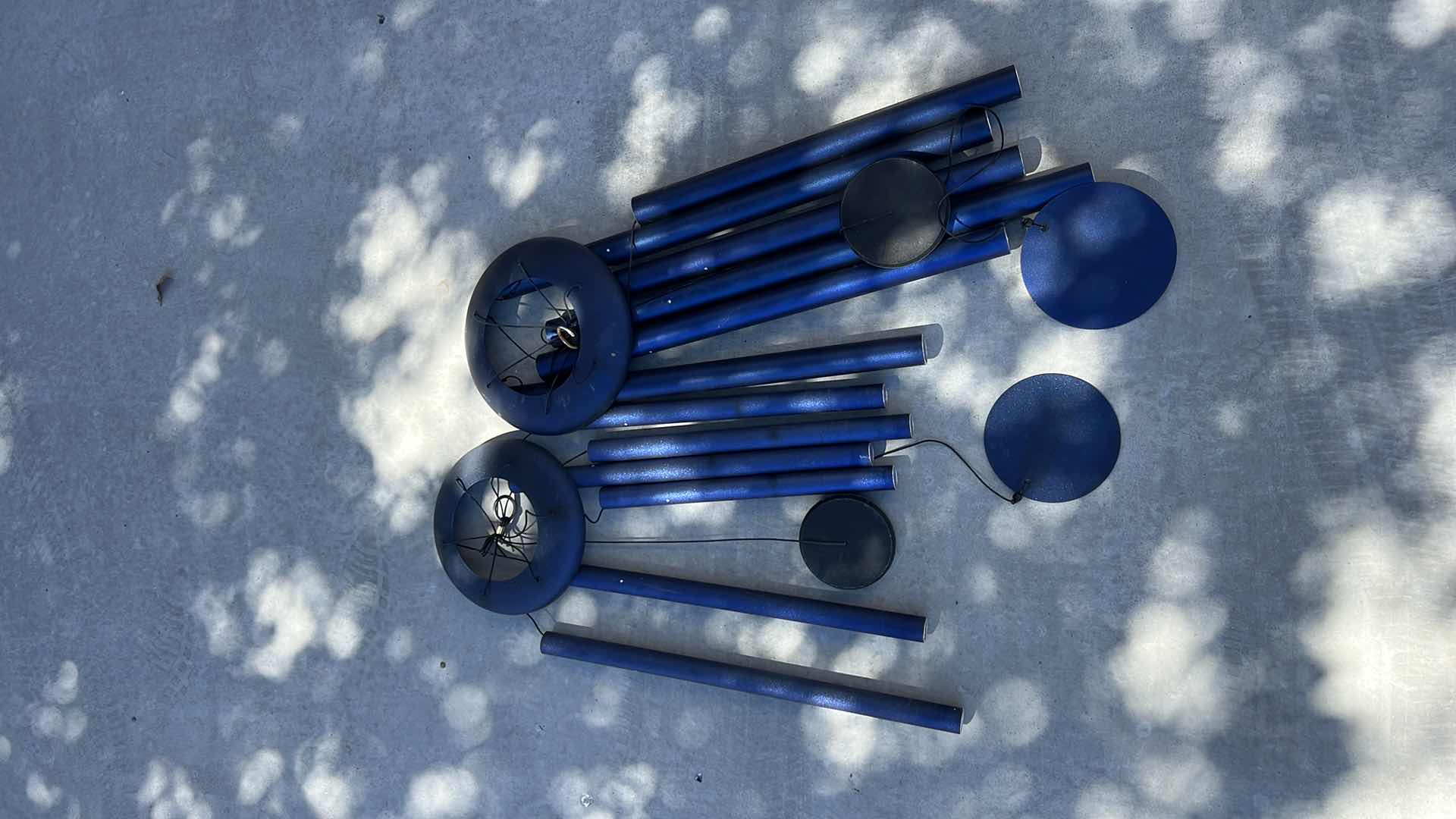 Photo 1 of 2-BLUE METAL HANGING WIND CHIMES