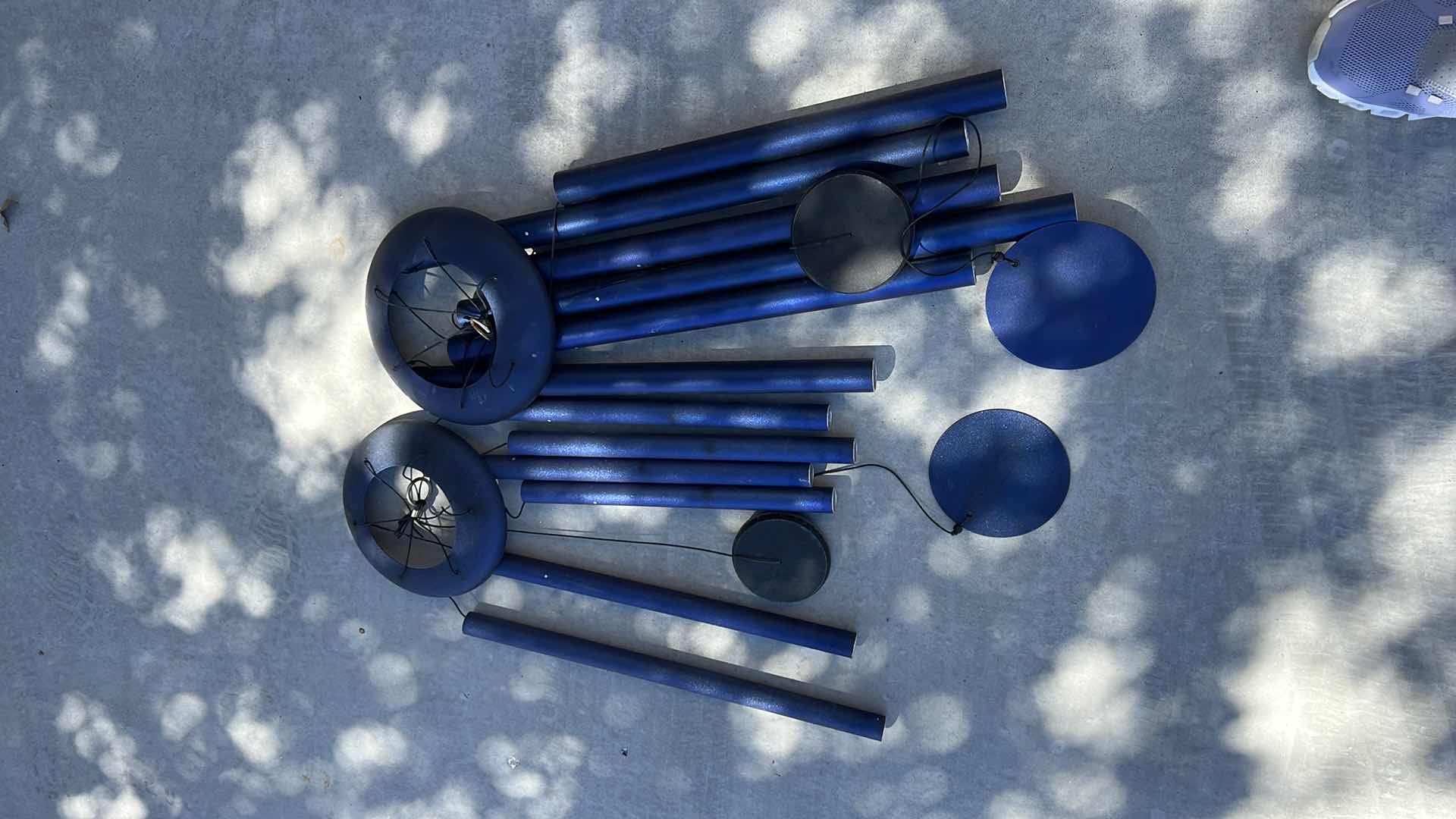 Photo 1 of 2-BLUE METAL HANGING WIND CHIMES