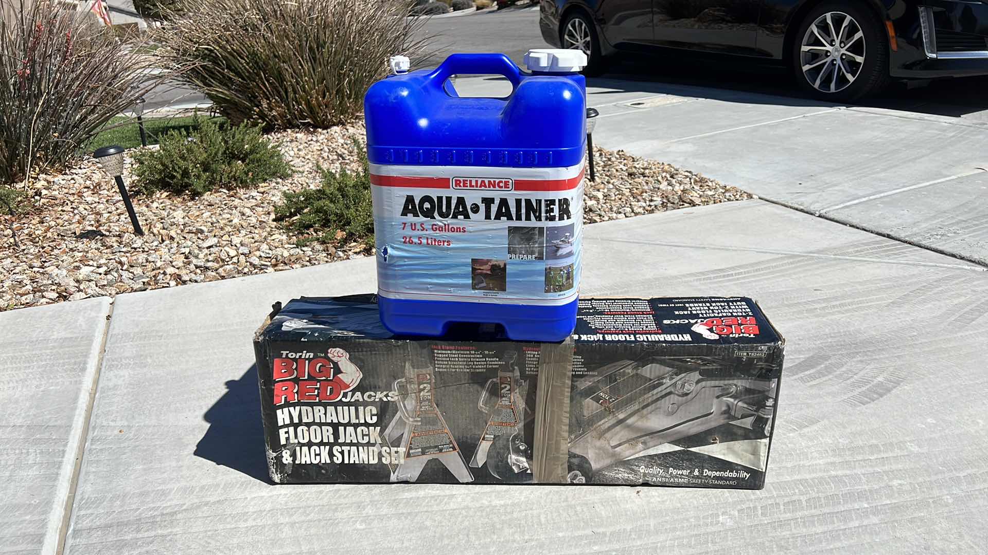 Photo 1 of TORIN "BIG RED JACKS" 2 TON HYDRAULIC FLOOR JACK & JACK STAND SET, AGUA TAINER 7 GAL. PLASTIC CONTAINER
