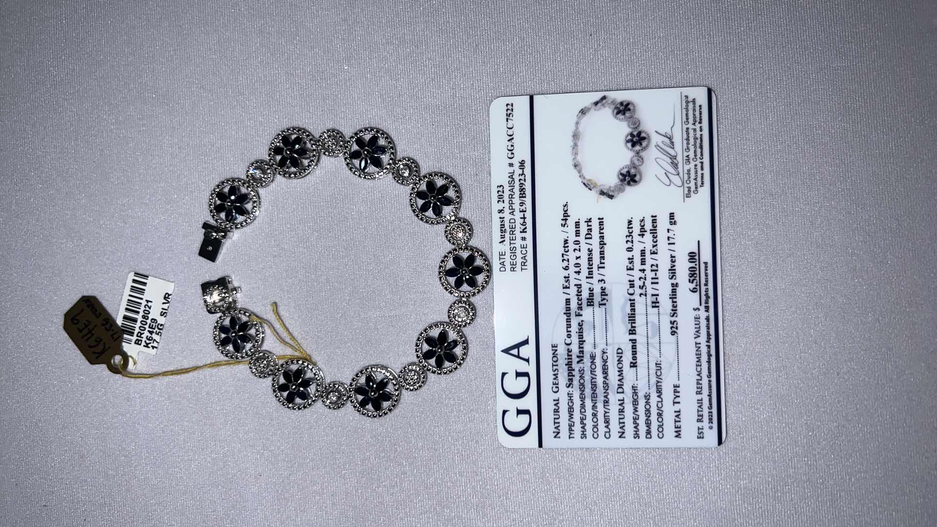 Photo 1 of 925 STERLING SILVER SAPPHIRE CORUNDUM & DIAMOND BRACELET-GGA CERTIFIED   BR008021