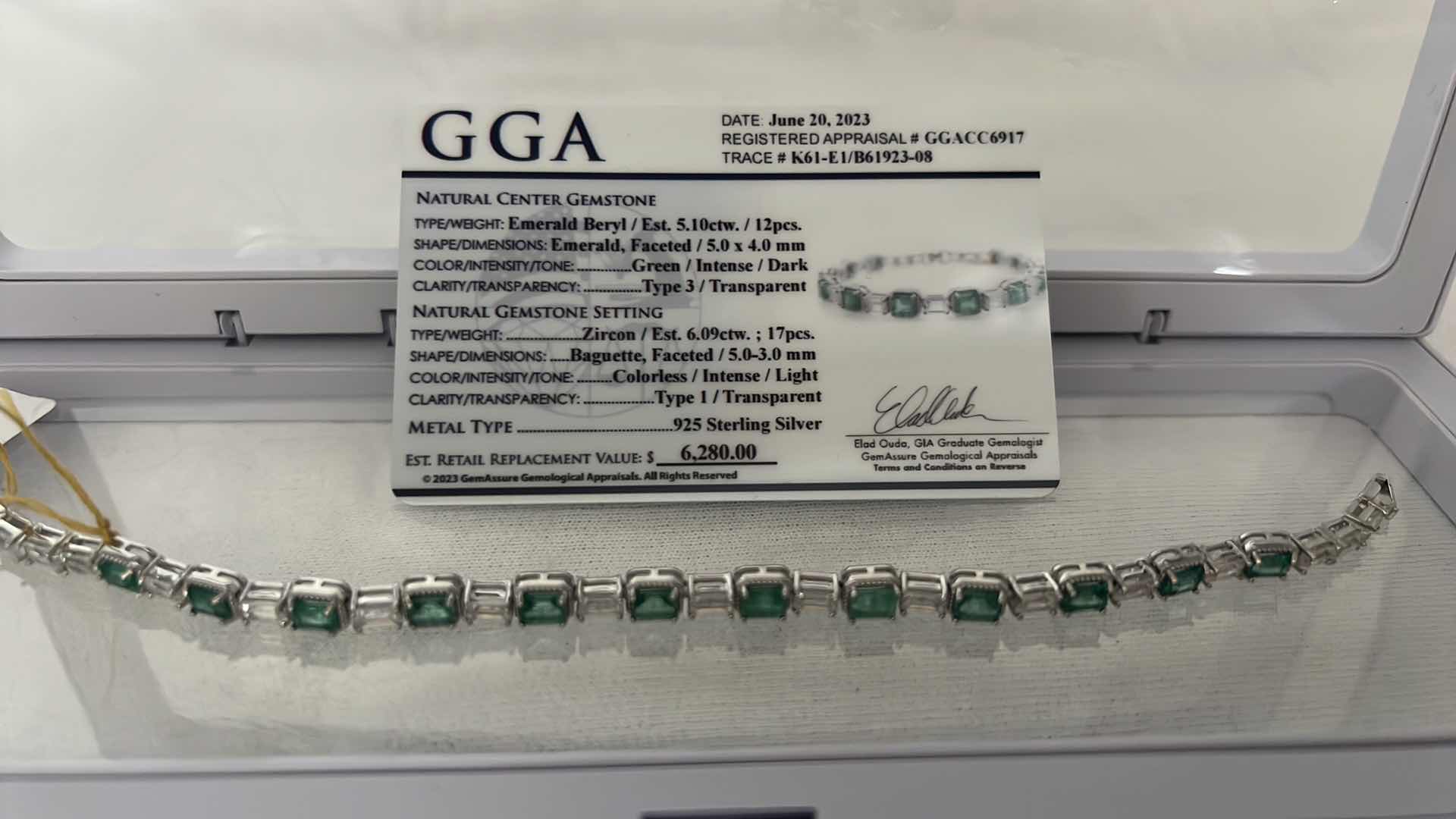 Photo 5 of 12.0 GRAMS 925 STERLING SILVER BRACELET W 6.09 CT ZIRCON & 5.10 CT EMERALD (GGA CERTIFICATE)   BR007944