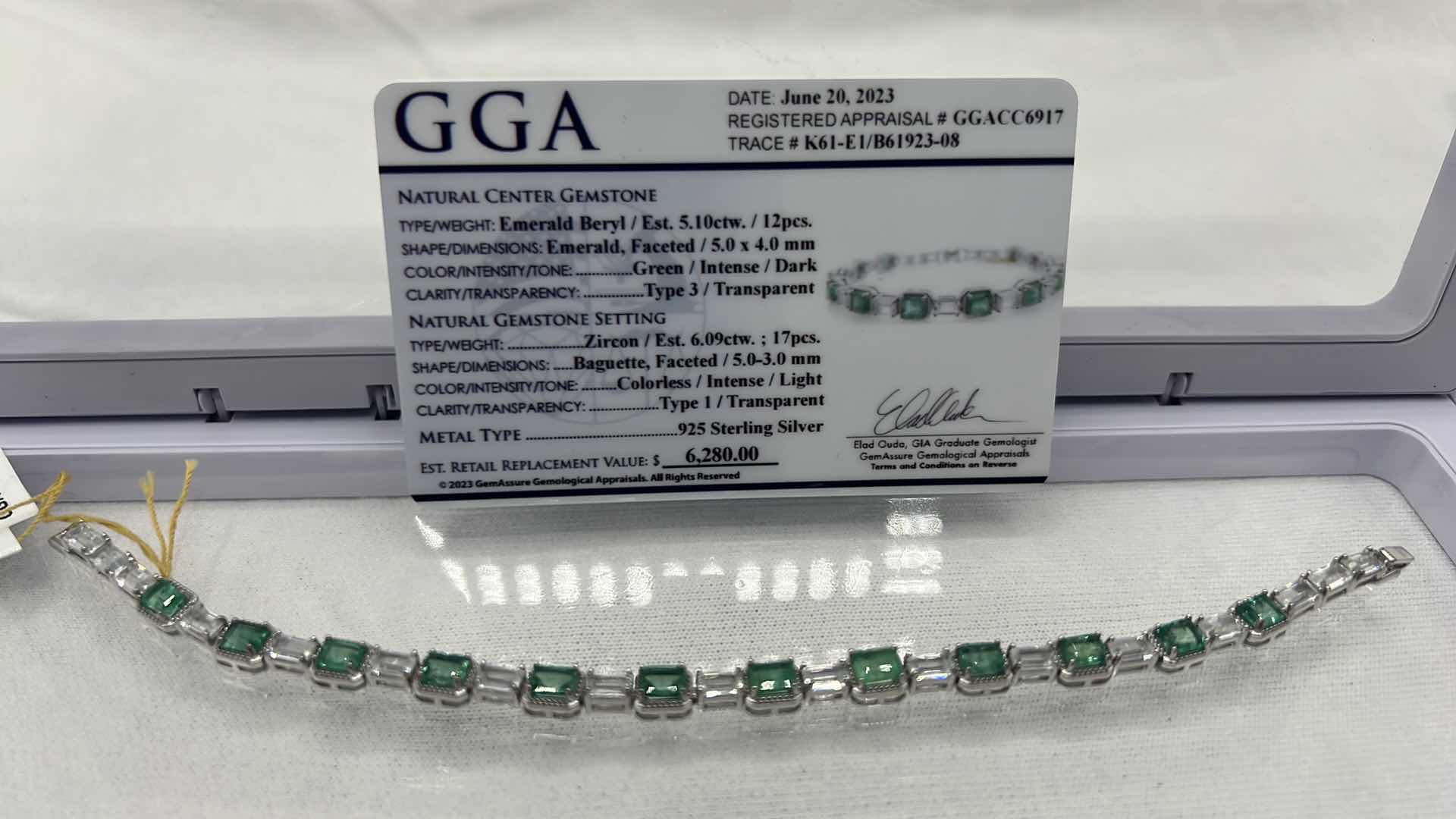 Photo 7 of 12.0 GRAMS 925 STERLING SILVER BRACELET W 6.09 CT ZIRCON & 5.10 CT EMERALD (GGA CERTIFICATE)   BR007944