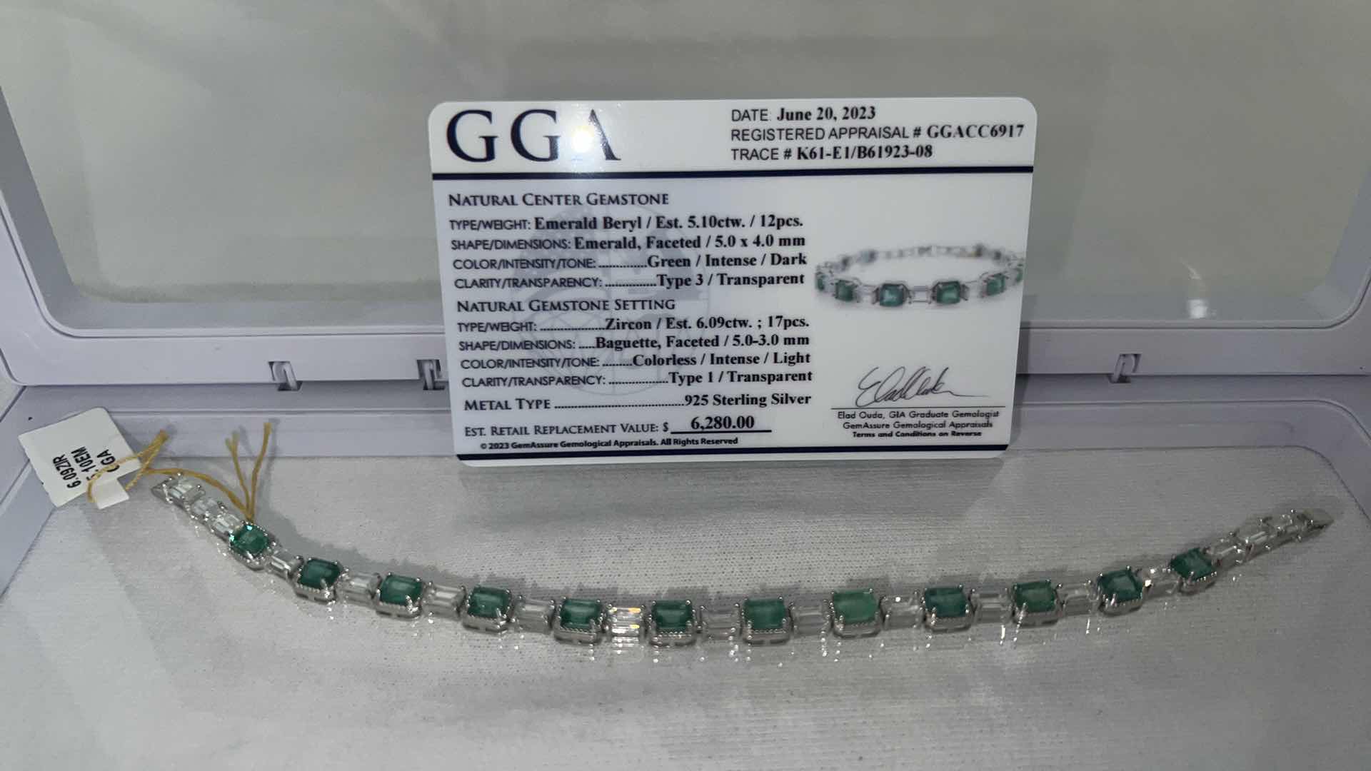 Photo 9 of 12.0 GRAMS 925 STERLING SILVER BRACELET W 6.09 CT ZIRCON & 5.10 CT EMERALD (GGA CERTIFICATE)   BR007944