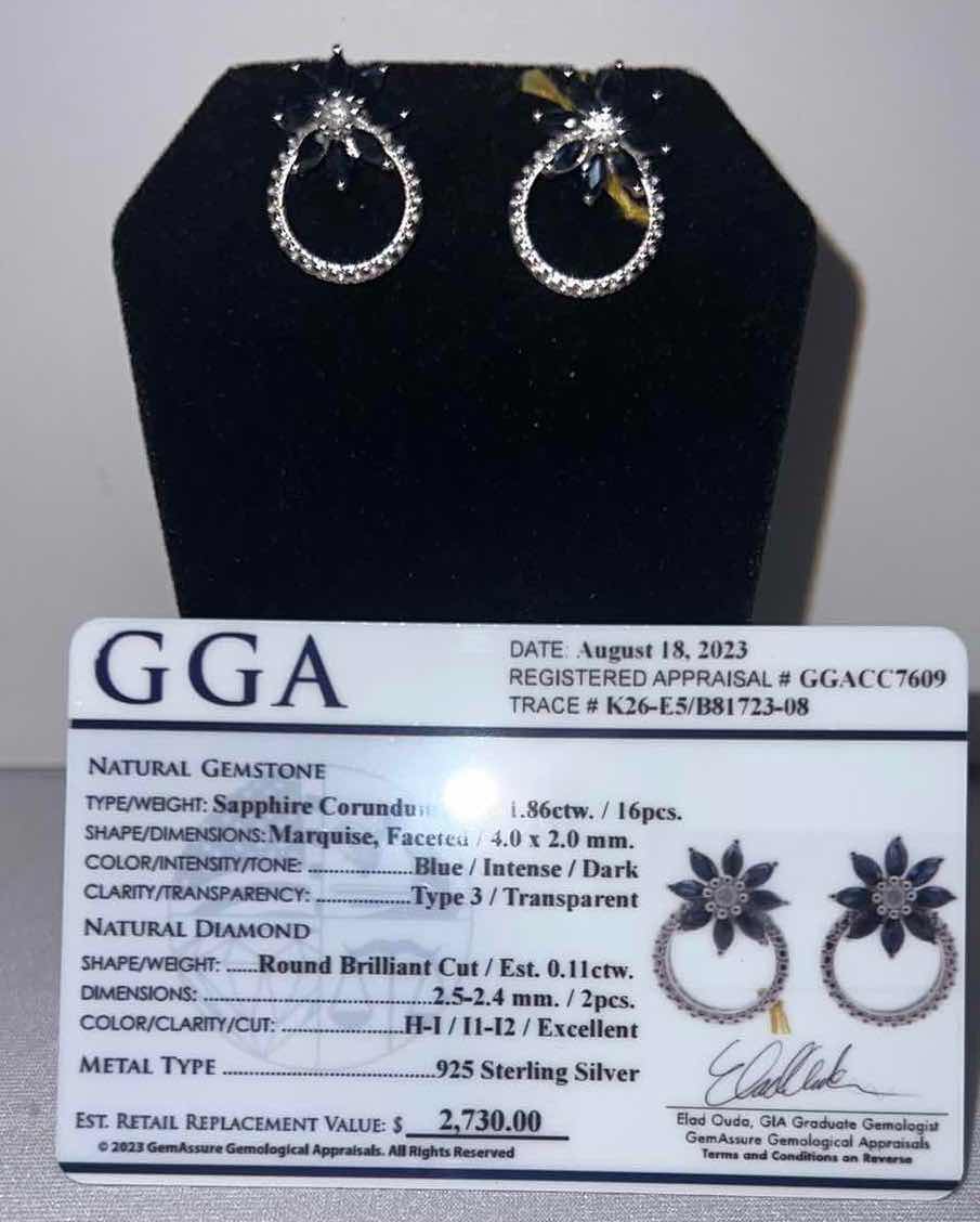 Photo 4 of 925 STERLING SILVER BLUE SAPPHIRE & DIAMOND EARRINGS (GGA CERTIFIED)   ER007214