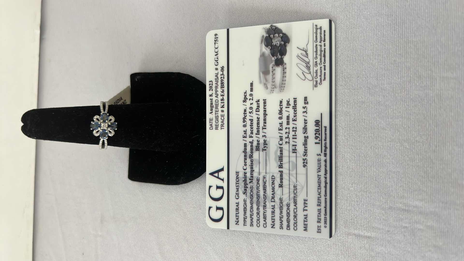 Photo 6 of 925 STERLING SILVER BLUE SAPPHIRE CORUNDUM & DIAMOND RING-GGA CERTIFIED-APPROX SIZE 6.5   RN034968