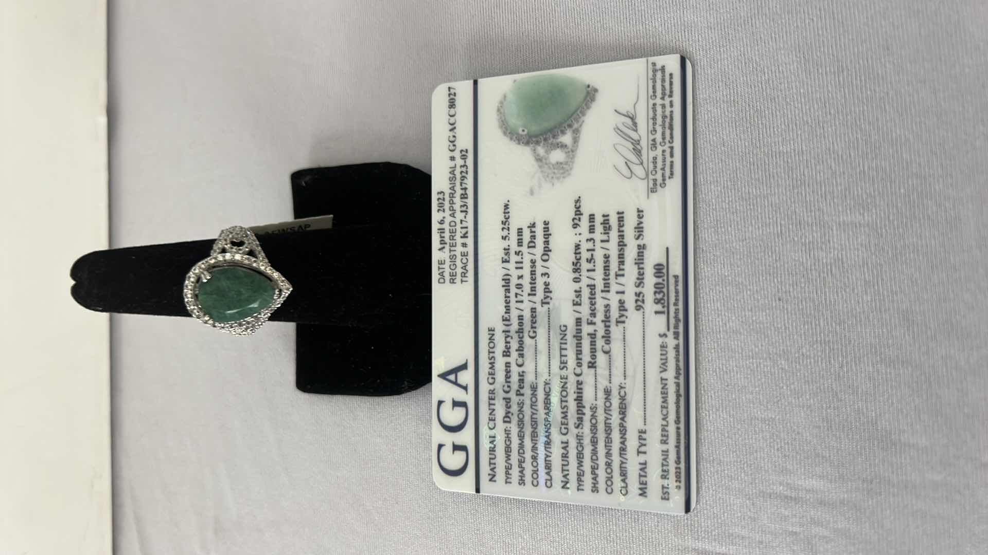 Photo 1 of 925 STERLING SILVER DYED GREEN BERYL EMERALD & SAPPHIRE CORUNDUM RING-GGA CERTIFIED-APPROX. SIZE 6.5     E000097