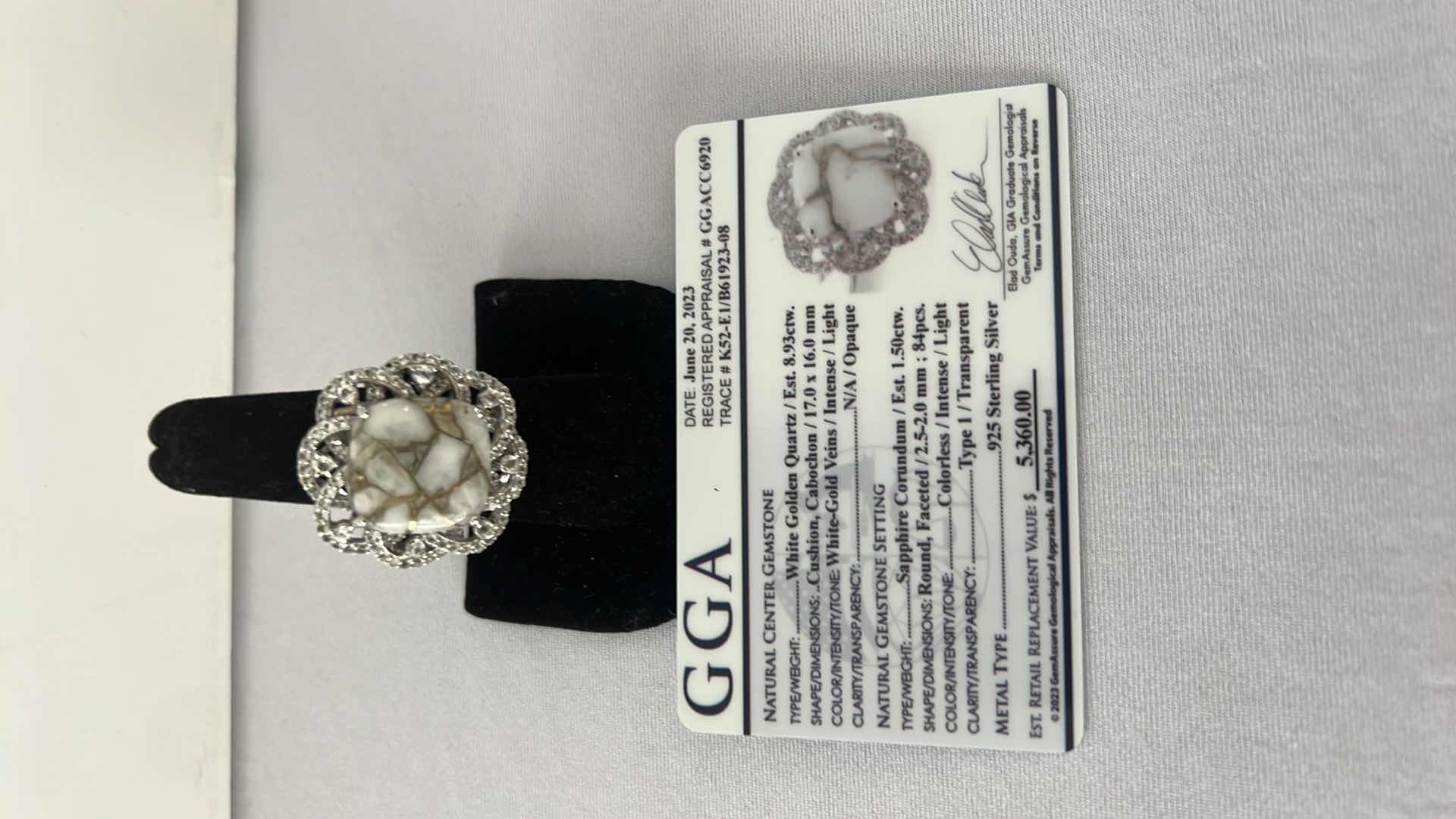 Photo 1 of 925 STERLING SILVER WHITE GOLD QUARTZ & SAPPHIRE CORUNDUM RING-GGA CERTIFIED-APPROX. SIZE 6.5   RN034339