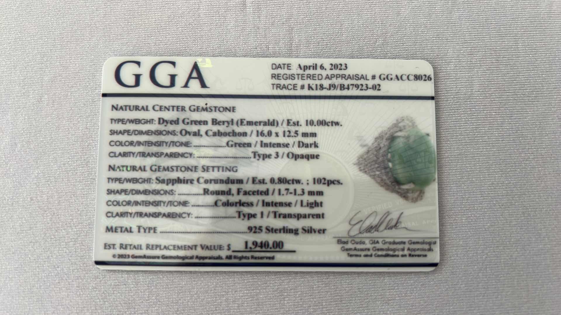 Photo 4 of 925 STERLING SILVER DYED GREEN BERYL EMERALD & SAPPHIRE CORUNDUM RING-GGA CERTIFIED-APPROX. SIZE 6.5    E000086 