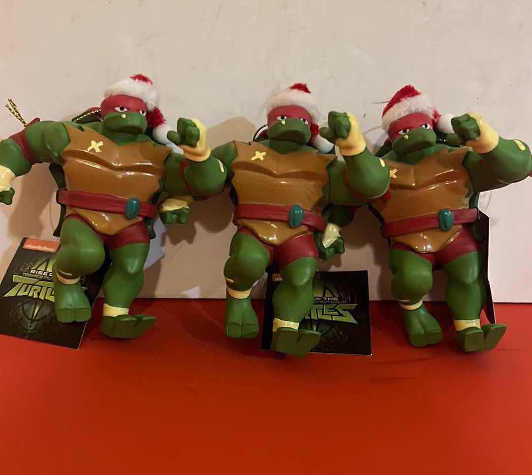 Photo 1 of 3-BRAND NEW TEENAGE MUTANT NINJA TURTLES MOLDED PLASTIC CHRISTMAS ORNAMENTS