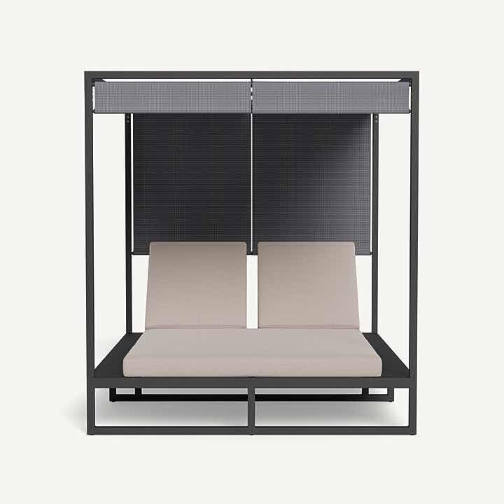 Photo 1 of HARBOUR HAYMAN CURTAIN CABANA- POWDER COATED BLACK ALUMINUM SLING SUSPENSION FRAME, PLUSH HINGED CUSHION FOR 2, MESH CURTAIN-SKU HAYM-07D-ALAST-BASIL-PANCLO (SHOW ROOM MODEL)