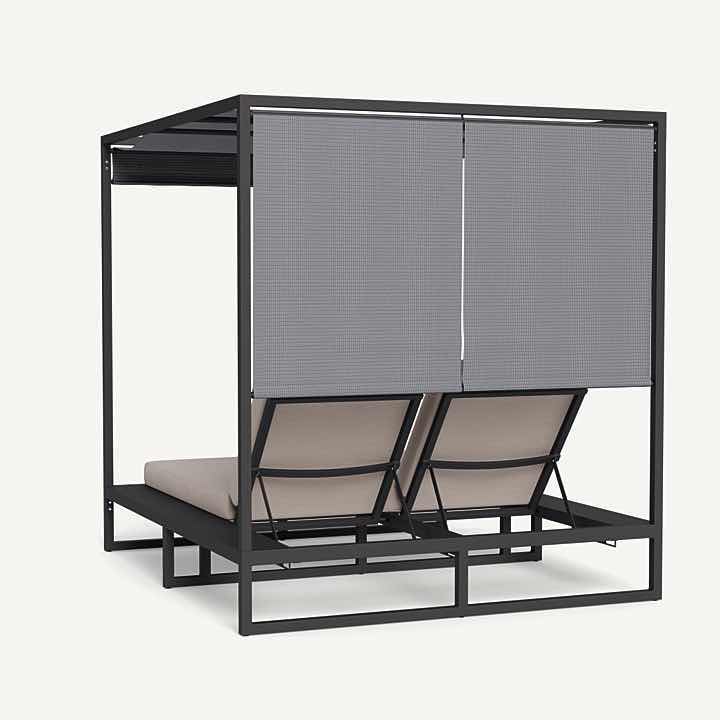 Photo 1 of HARBOUR HAYMAN CURTAIN CABANA- POWDER COATED BLACK ALUMINUM SLING SUSPENSION FRAME, PLUSH HINGED CUSHION FOR 2, MESH CURTAIN-SKU HAYM-07D-ALAST-BASIL-PANCLO (SHOW ROOM MODEL)