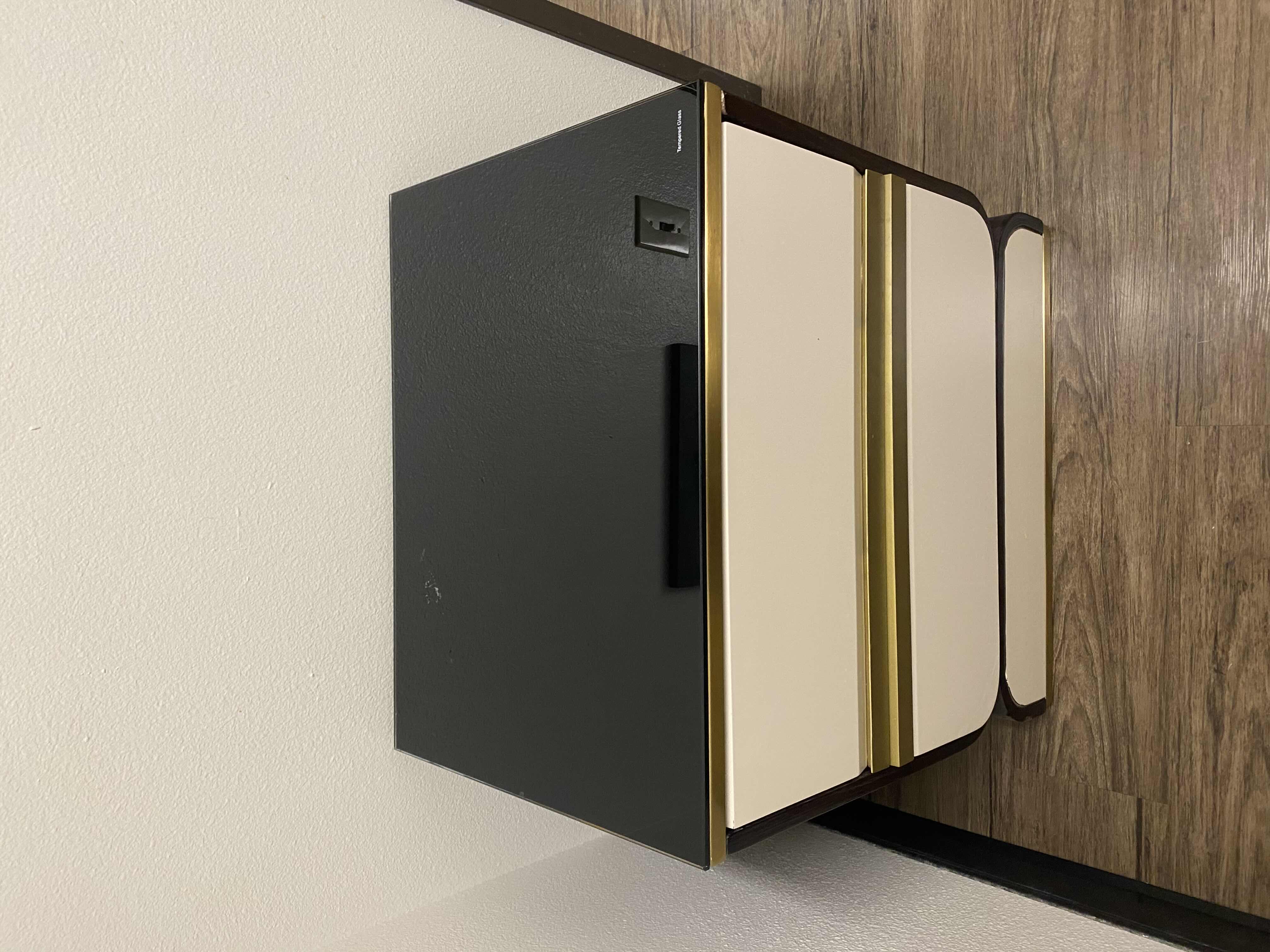 Photo 1 of VILLAGE CASA KEN NIGHTSTAND W TIMBER VENEER GOLD COVERING, STAINLESS STEEL W GLASS TOP