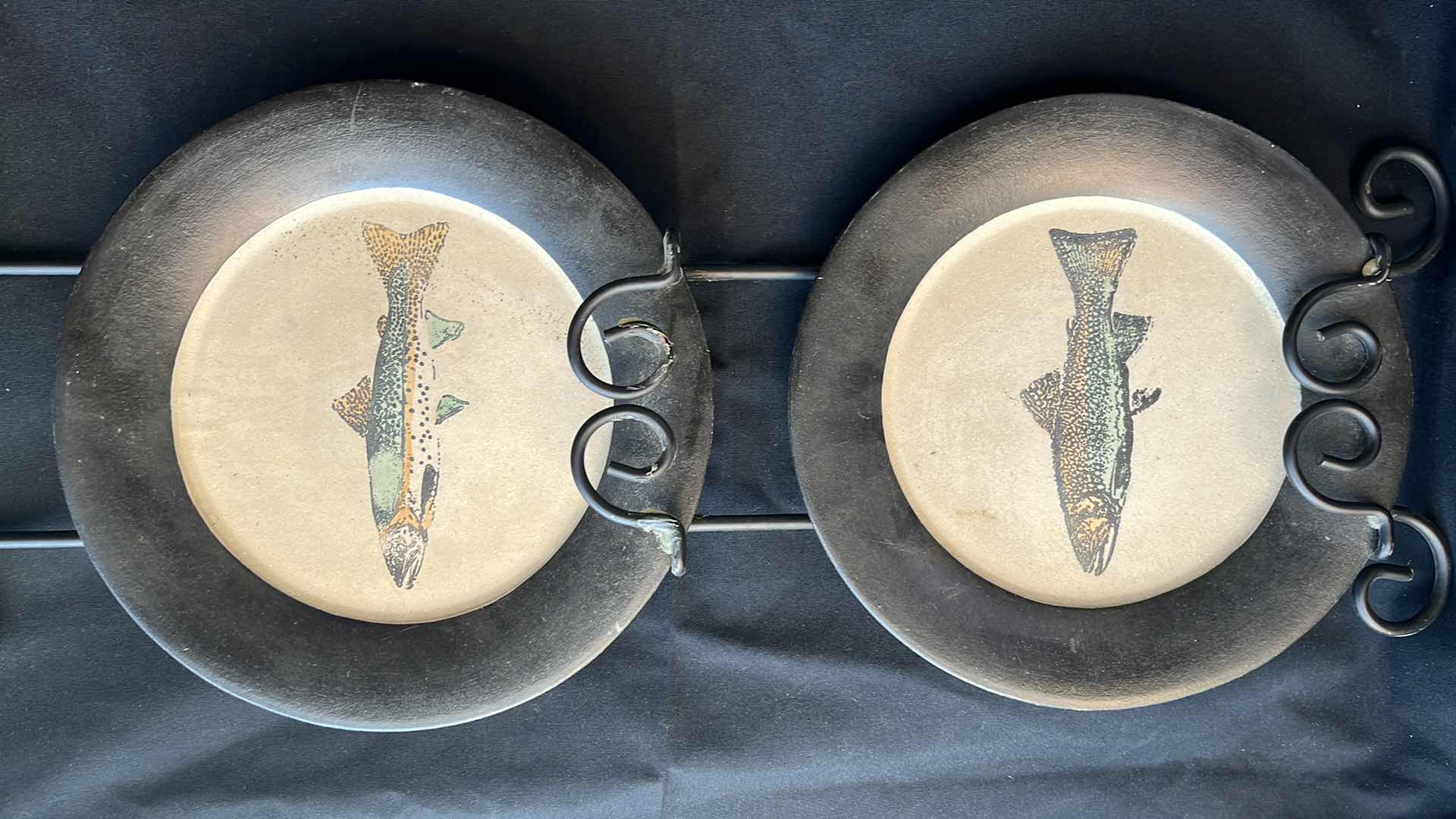 Photo 1 of VINTAGE CERAMIC FISH PLATES WITH WROUGHT IRON PLATE HANGER 11.75” X 31.5”