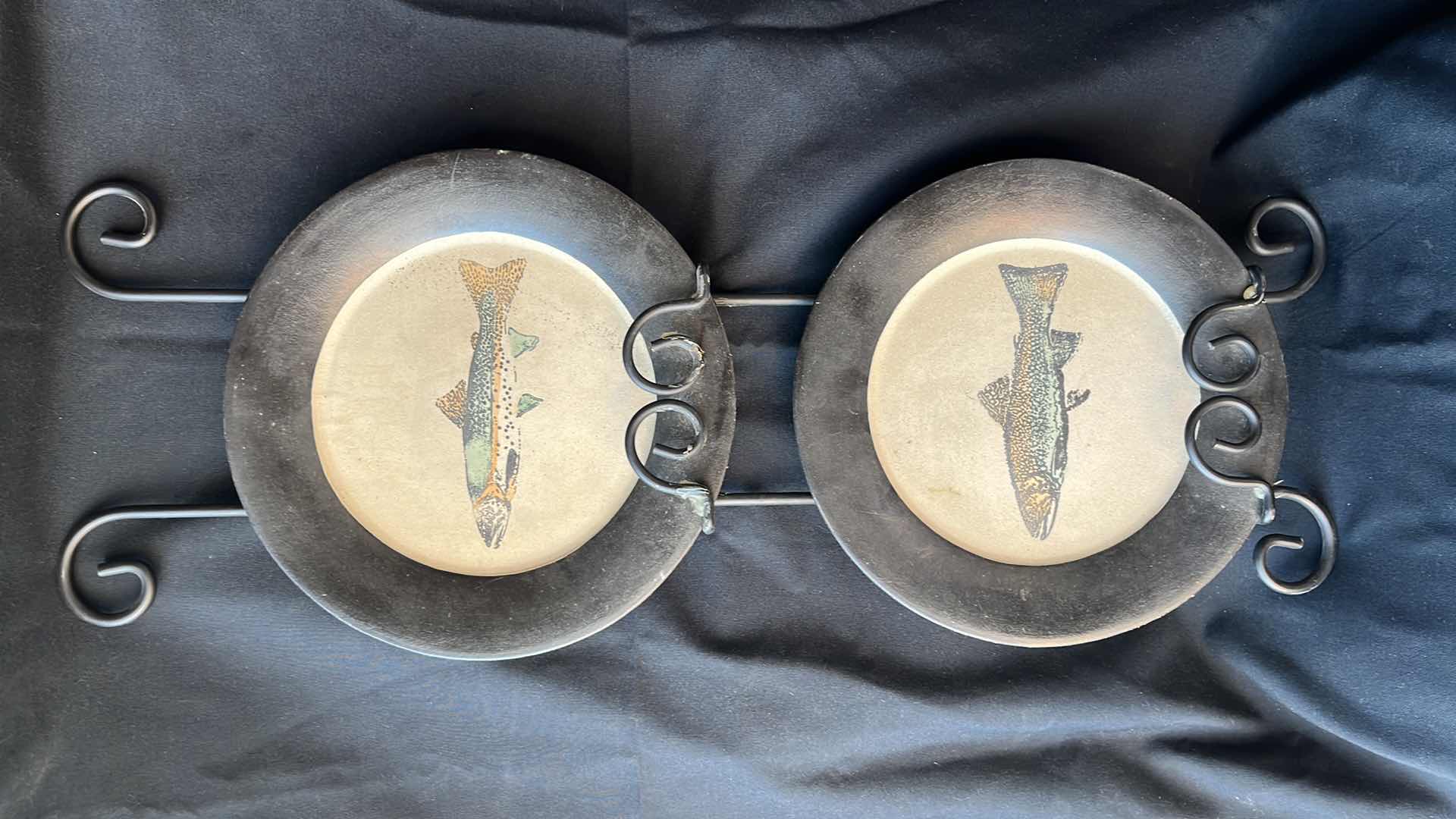 Photo 1 of VINTAGE CERAMIC FISH PLATES WITH WROUGHT IRON PLATE HANGER 11.75” X 31.5”