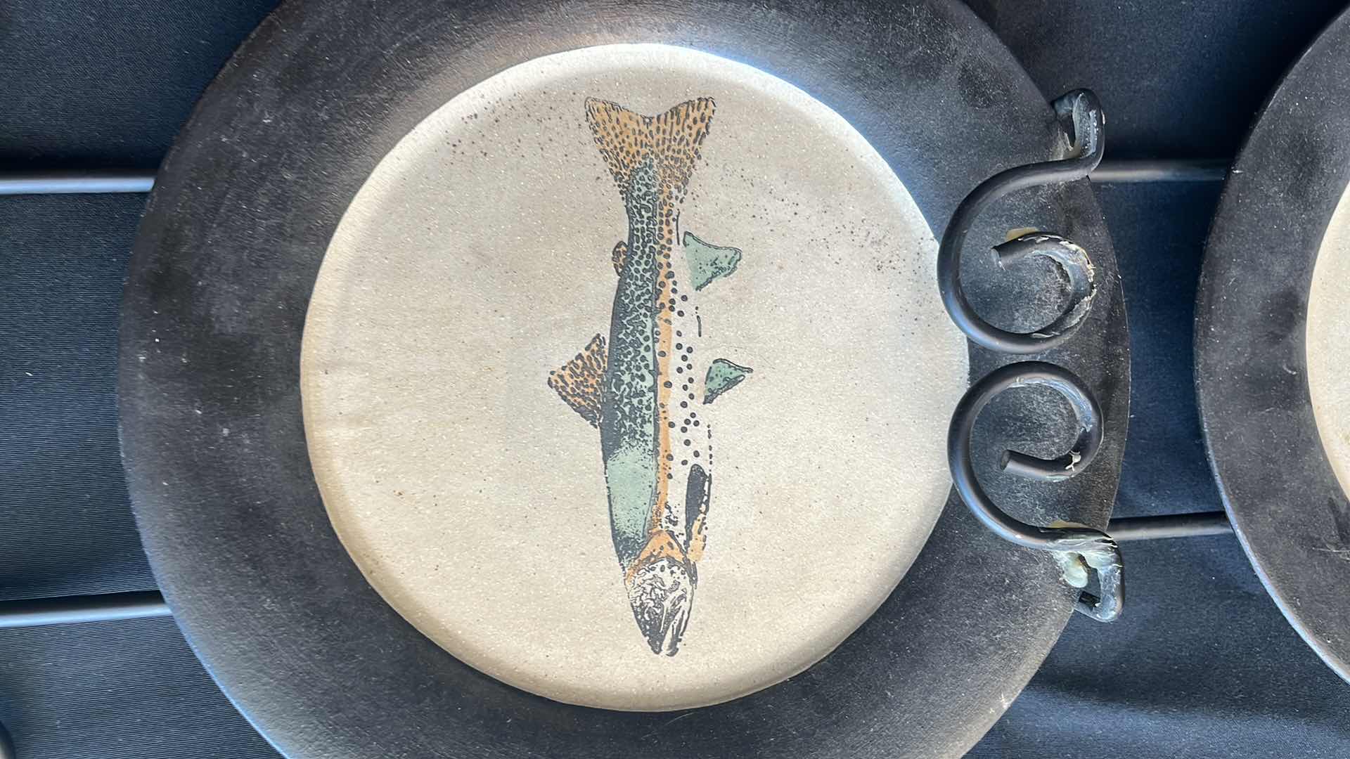 Photo 1 of VINTAGE CERAMIC FISH PLATES WITH WROUGHT IRON PLATE HANGER 11.75” X 31.5”