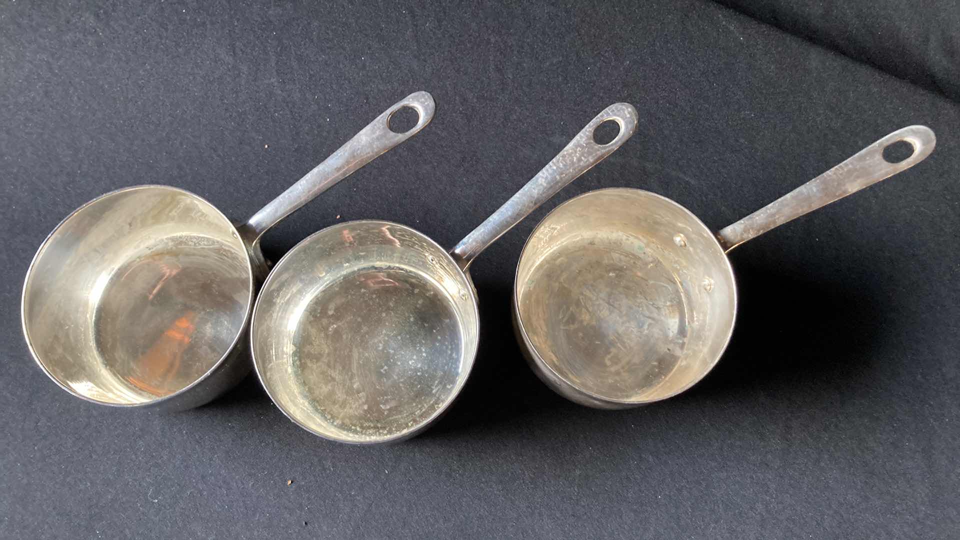 Photo 1 of NICKEL PLATED MINI POTS (3) 3.5” X 7.5” H 2.25”