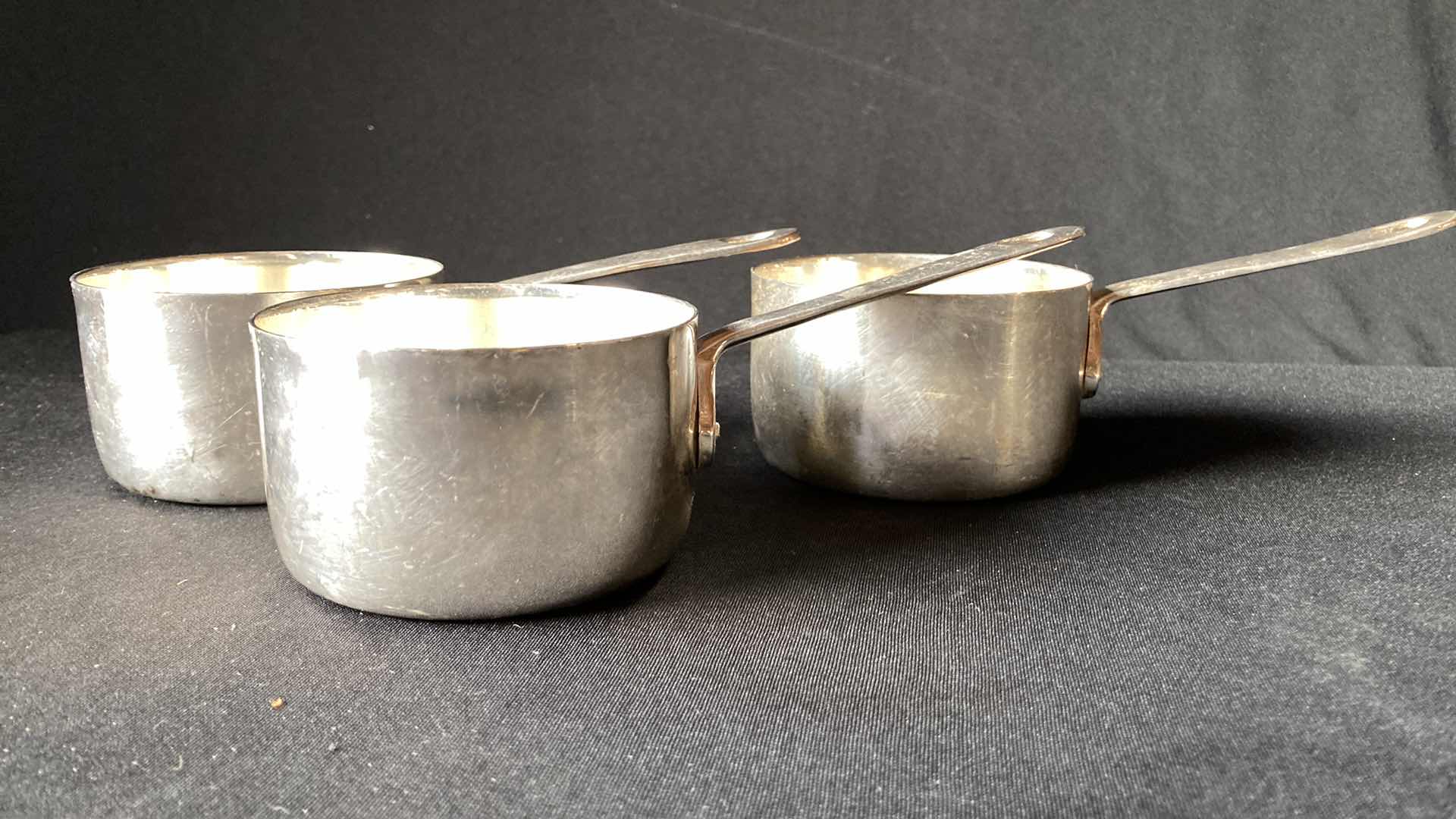 Photo 1 of NICKEL PLATED MINI POTS (3) 3.5” X 7.5” H 2.25”