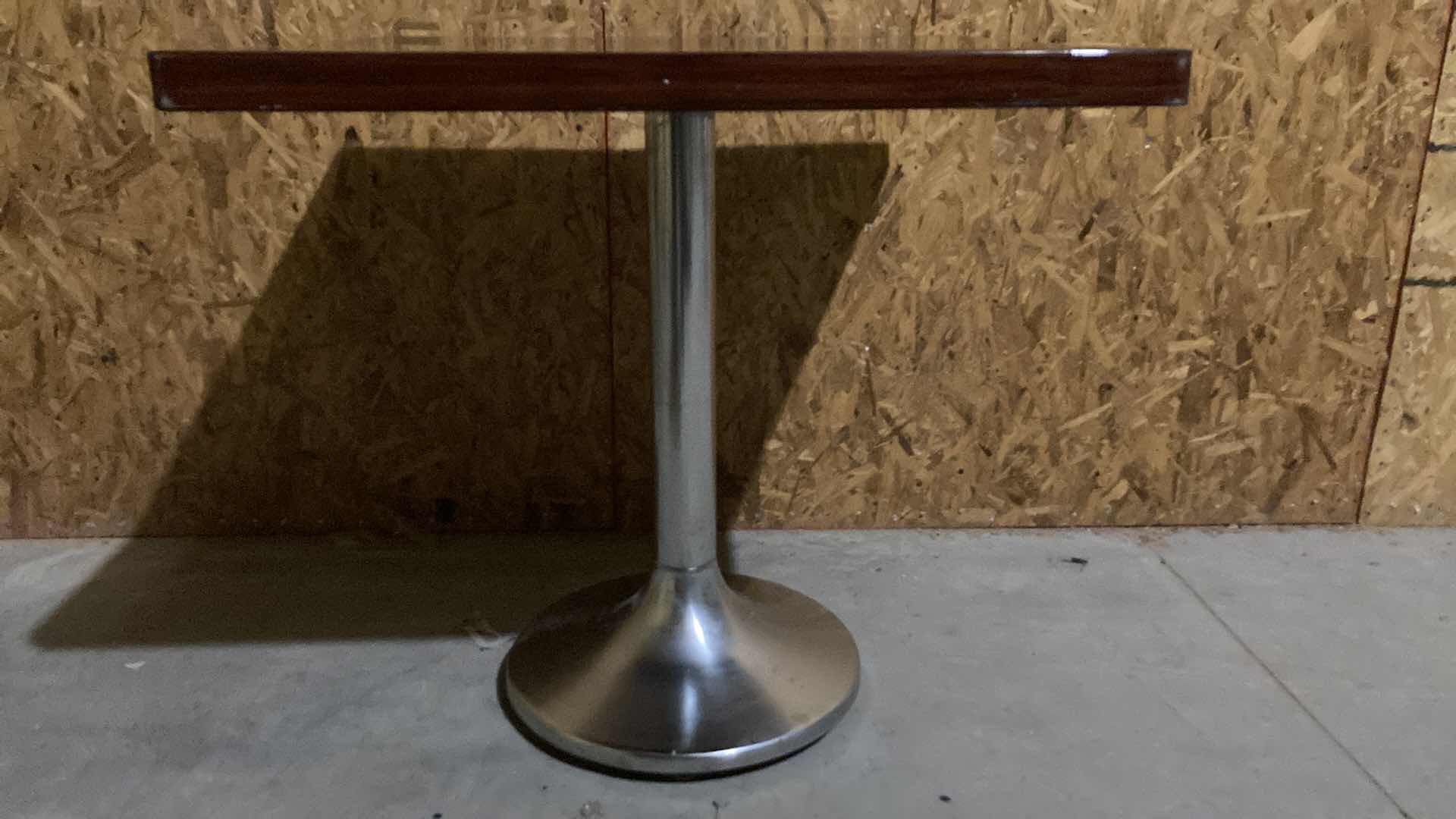 Photo 1 of DARK WOOD GRAIN VENEER DINING TABLE 30” X 27” H 30” (NO HARDWARE)