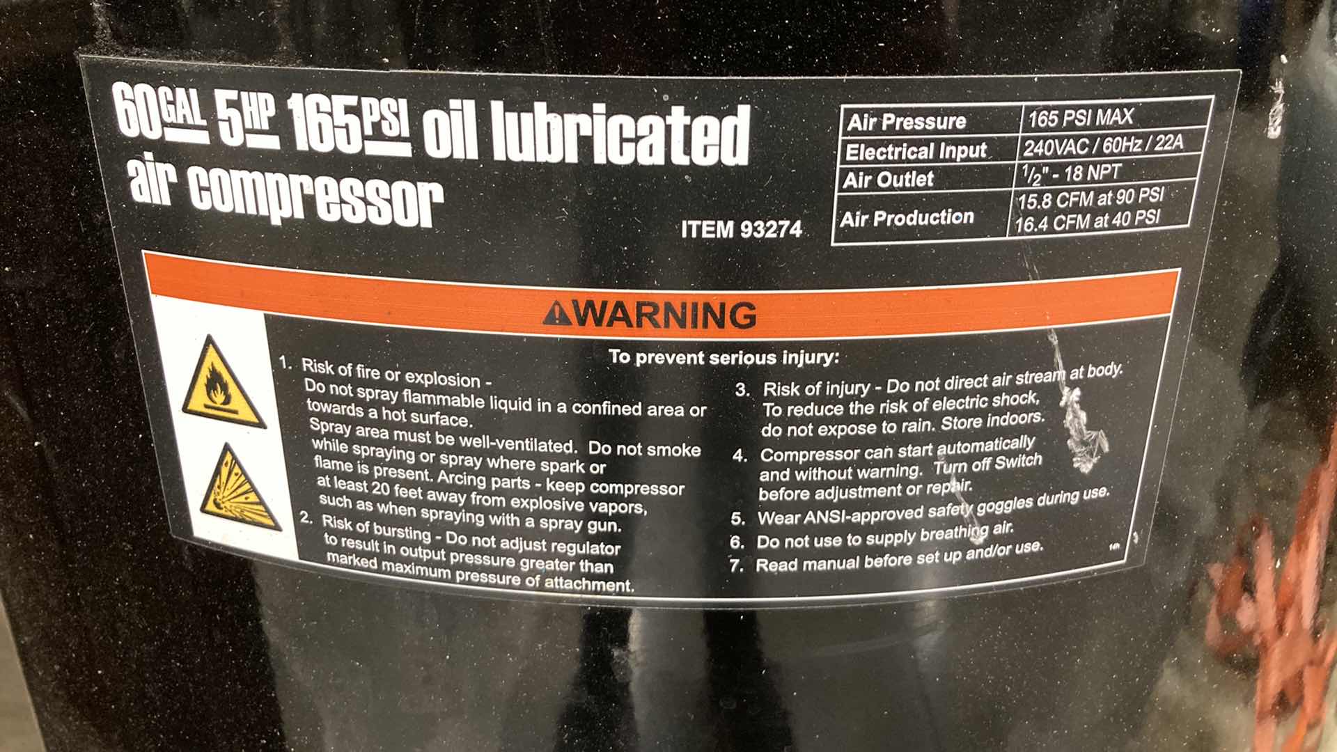 Photo 1 of CENTRAL PNEUMATIC OIL LUBRICATED AIR COMPRESSOR 60GAL 5HP 165PSI 240VOLT MODEL CN560V