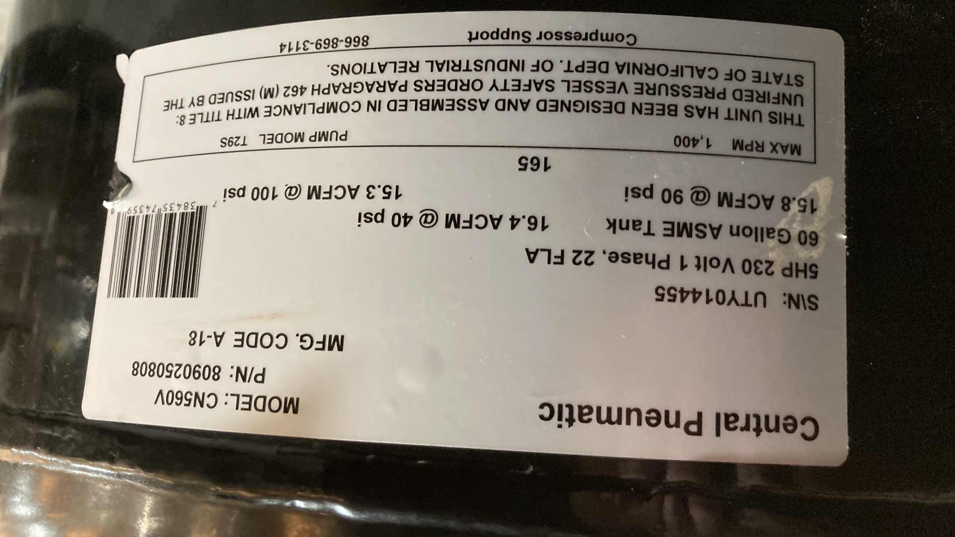 Photo 1 of CENTRAL PNEUMATIC OIL LUBRICATED AIR COMPRESSOR 60GAL 5HP 165PSI 240VOLT MODEL CN560V