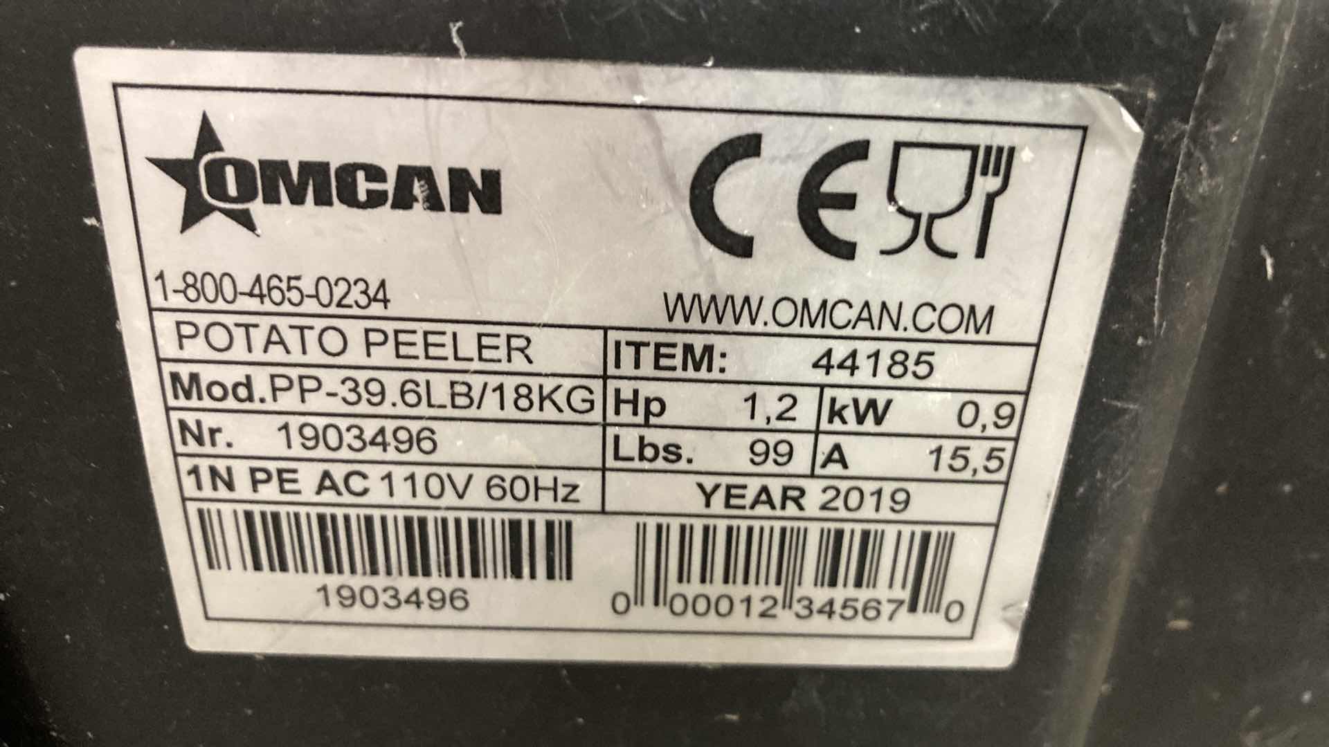 Photo 1 of OMCAN INDUSTRIAL POTATO PEELER MODEL PP-39.6LB/18KG