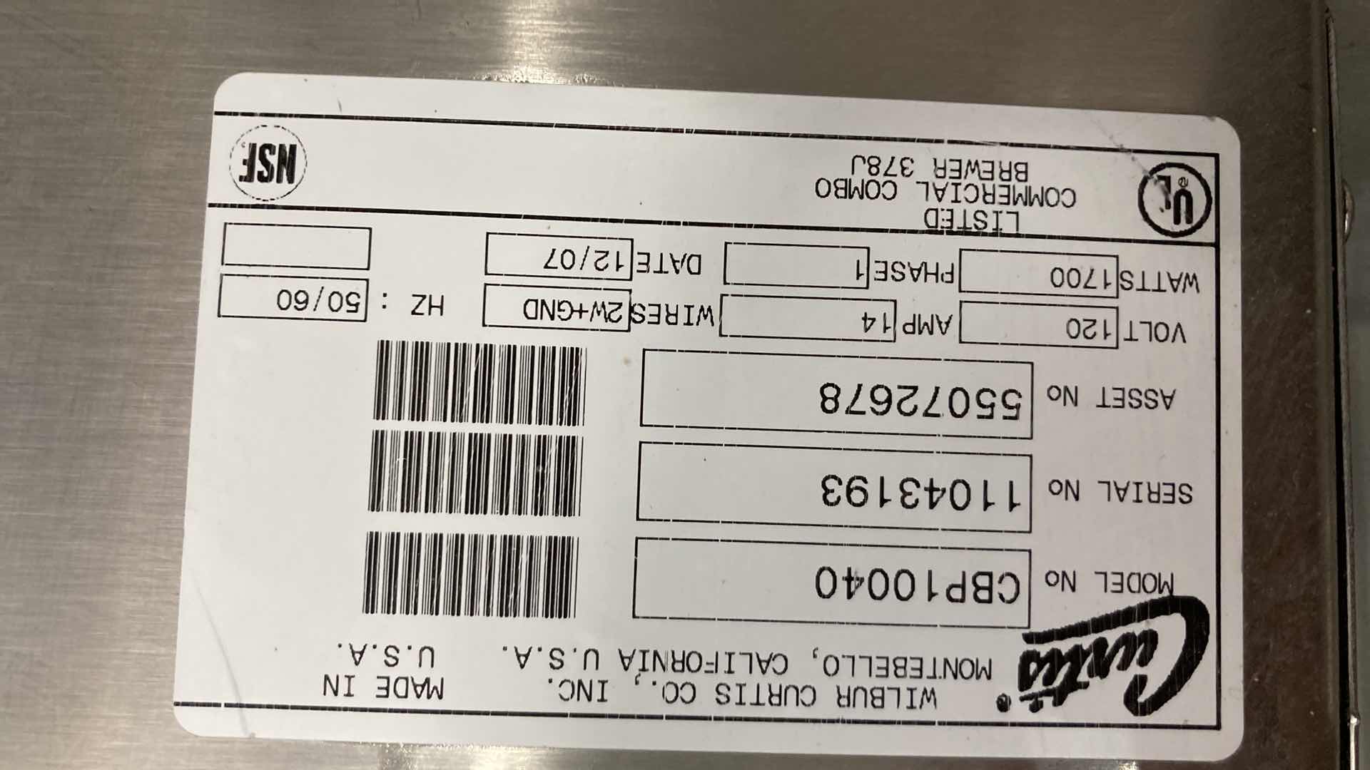 Photo 1 of CURTIS COMMERCIAL COFFEE MAKER MODEL CBP10040