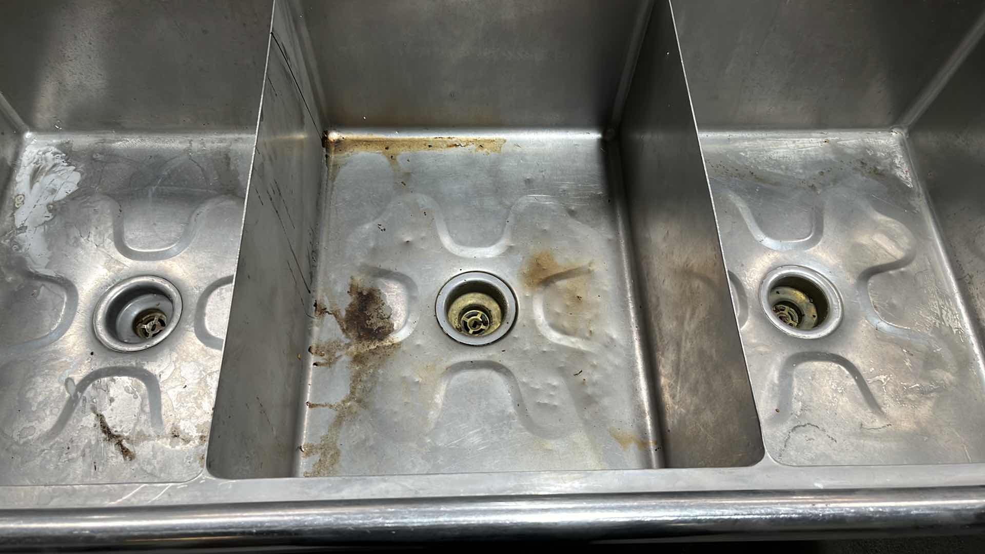 Photo 1 of STAINLESS STEEL COMMERCIAL THREE COMPARTMENT KITCHEN SINK W TWO DRAINBOARDS 29.75” X 90”