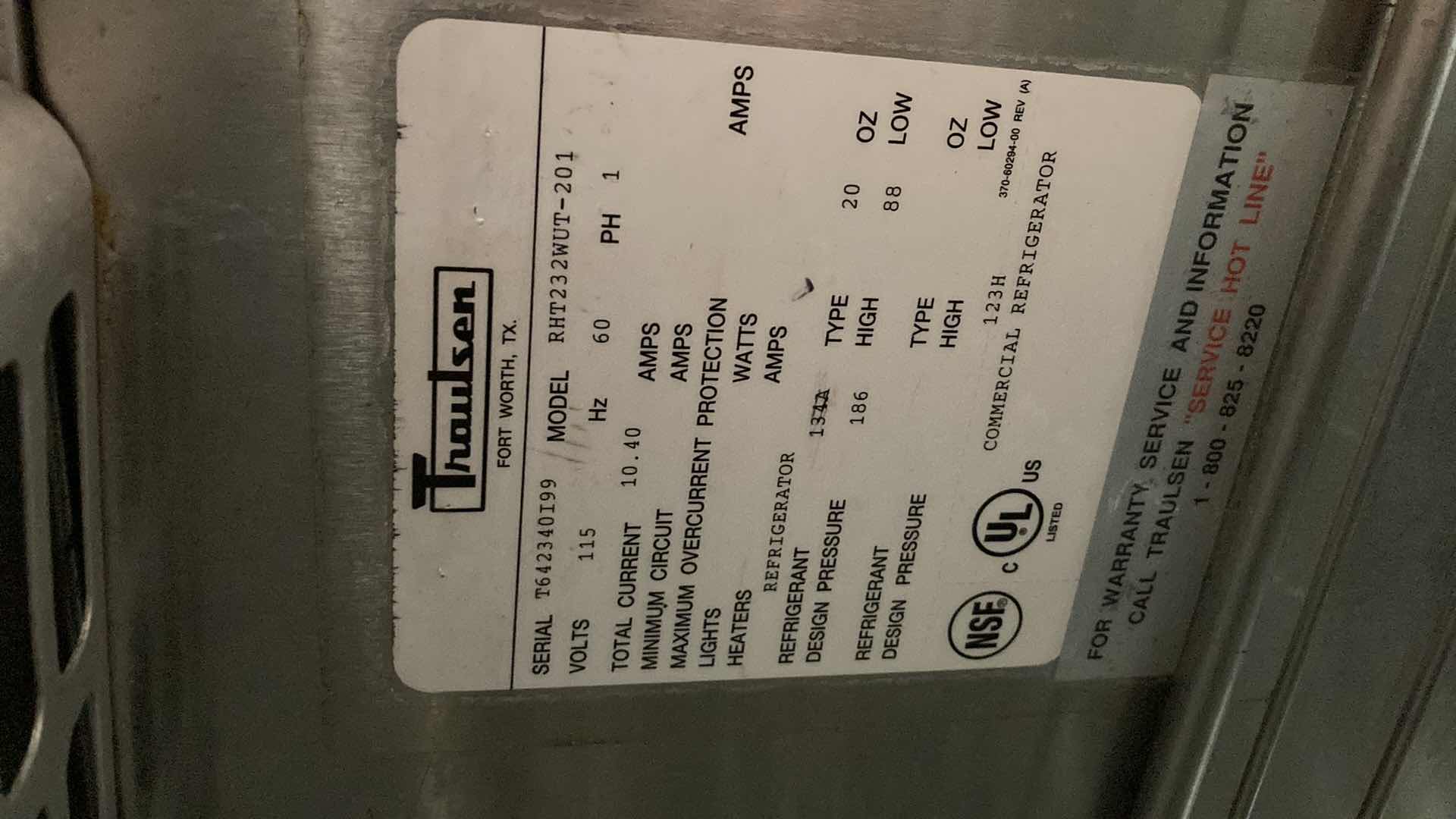 Photo 6 of TRAULSEN COMMERCIAL REFRIGERATOR MODEL RHT232WUT-201 (NEEDS NEW COMPRESSOR)