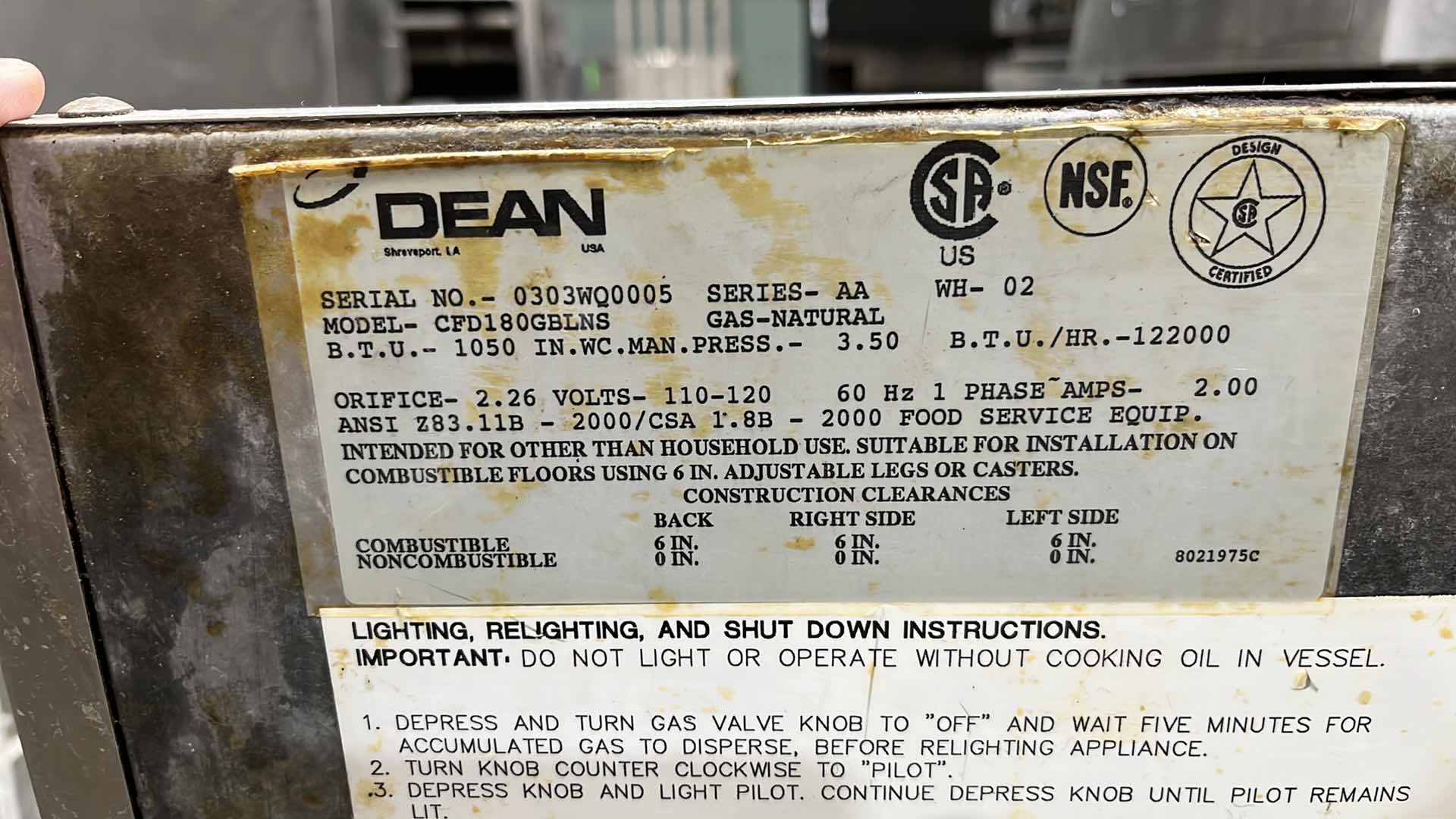 Photo 1 of DEAN GAS DEEP FAT FRYER W MODEL CFD180GBLNS (ELECTRICAL SHORT)