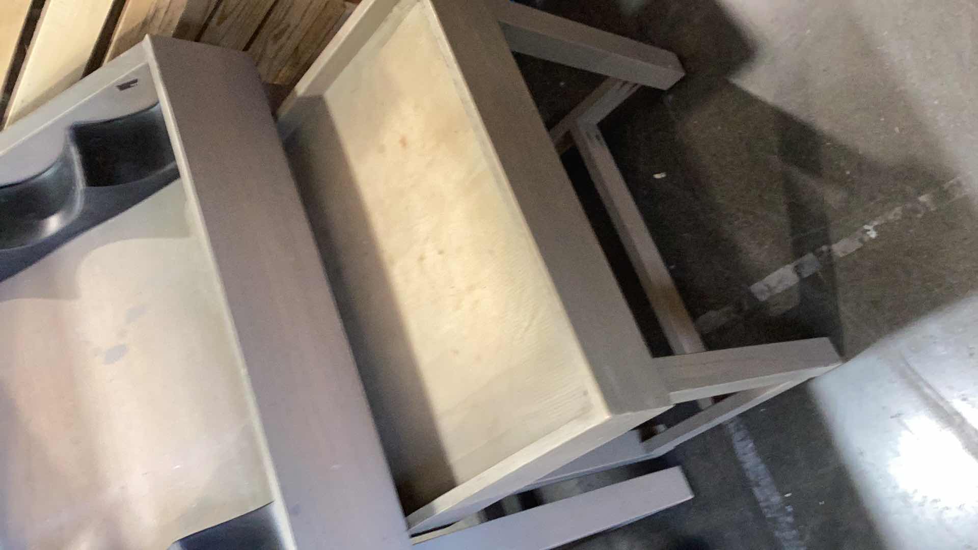 Photo 1 of TWO PIECE WOODEN ANGLED FRUIT DISPLAY STAND WITH TWO STACKERS AND SIGN 36” X 28” H 37”