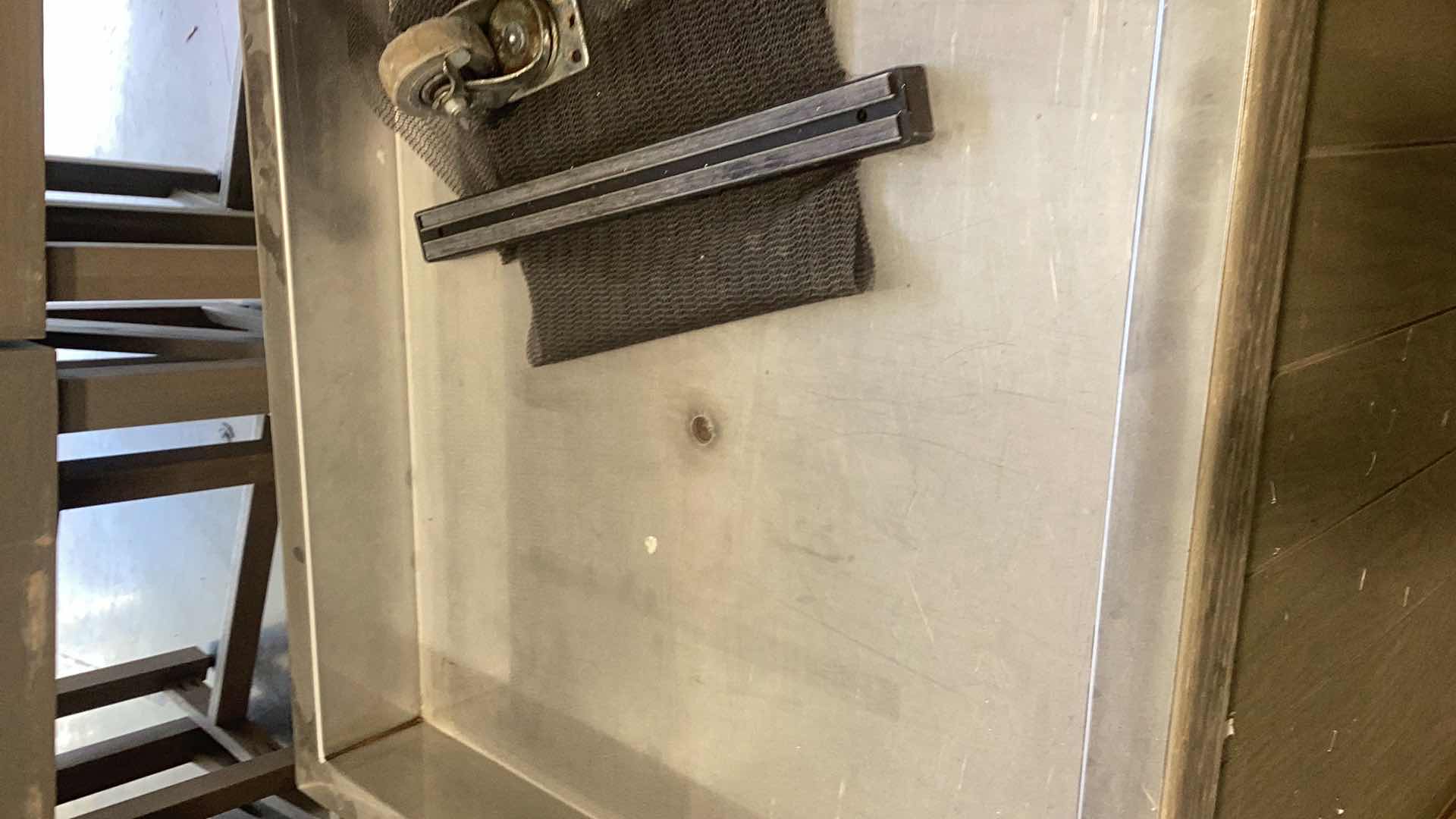 Photo 1 of LARGE WOODEN FRUIT DISPLAY WITH WHEELS, METAL TOP, AND DRAINAGE 30” X 30” H 34”