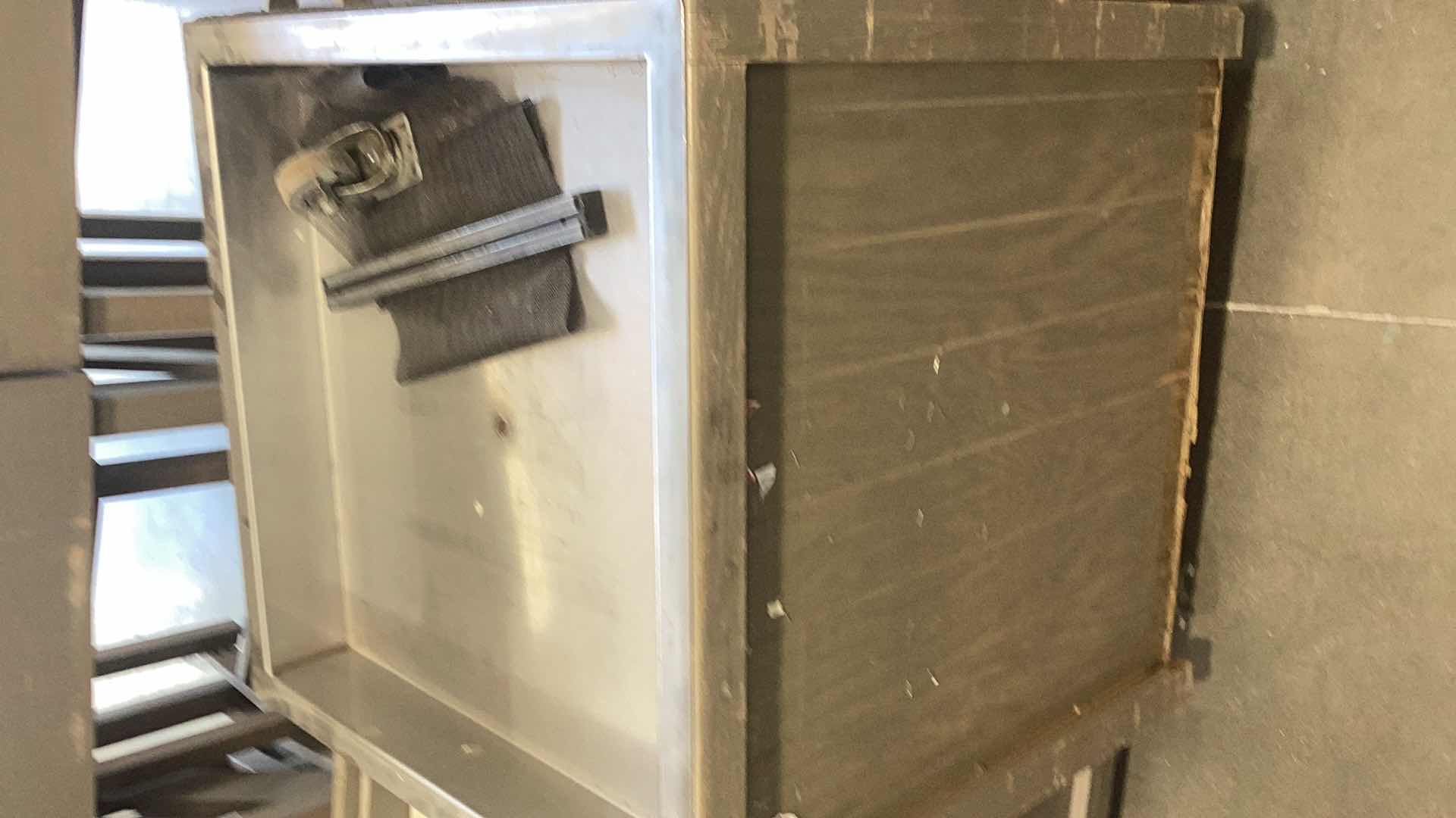 Photo 1 of LARGE WOODEN FRUIT DISPLAY WITH WHEELS, METAL TOP, AND DRAINAGE 30” X 30” H 34”